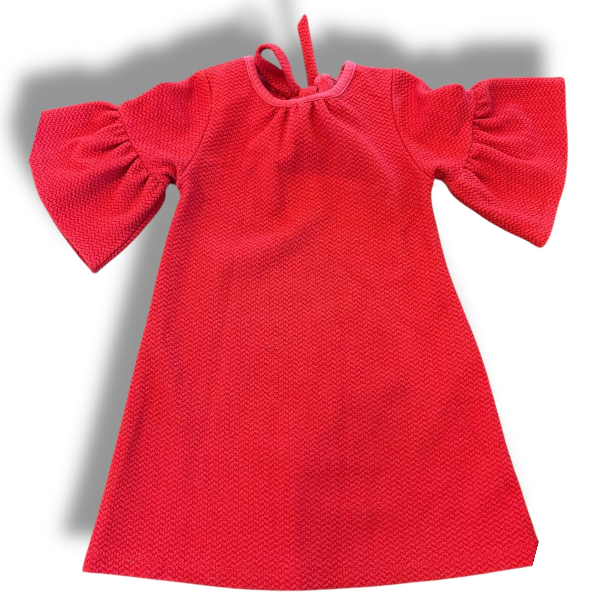 Size 2 Pink chicken rust red textured dress with bell sleeves, tie back, wash fade