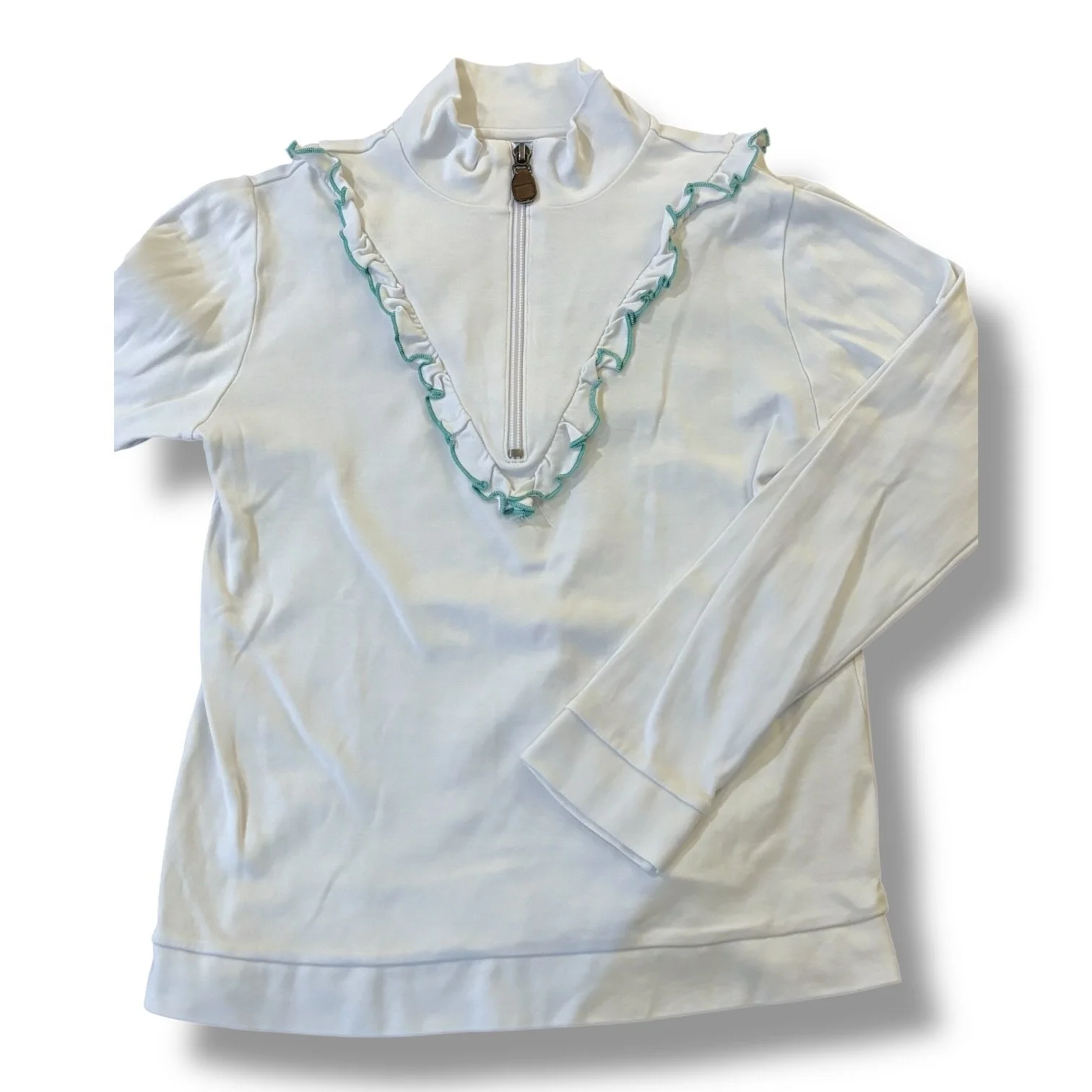 Size 10 Bella Bliss white 1/4 zip w/ teal trim