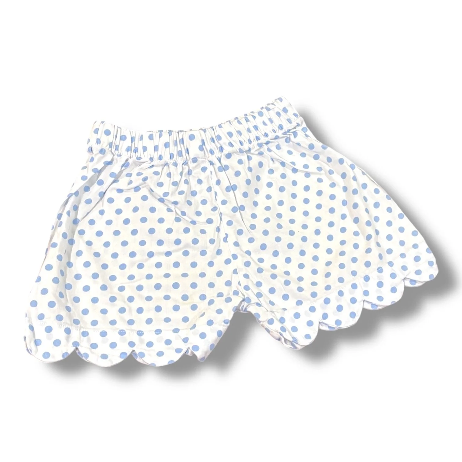 Size 18 month Little English white pull-on shorts w/ light blue polka dots, scalloped hem