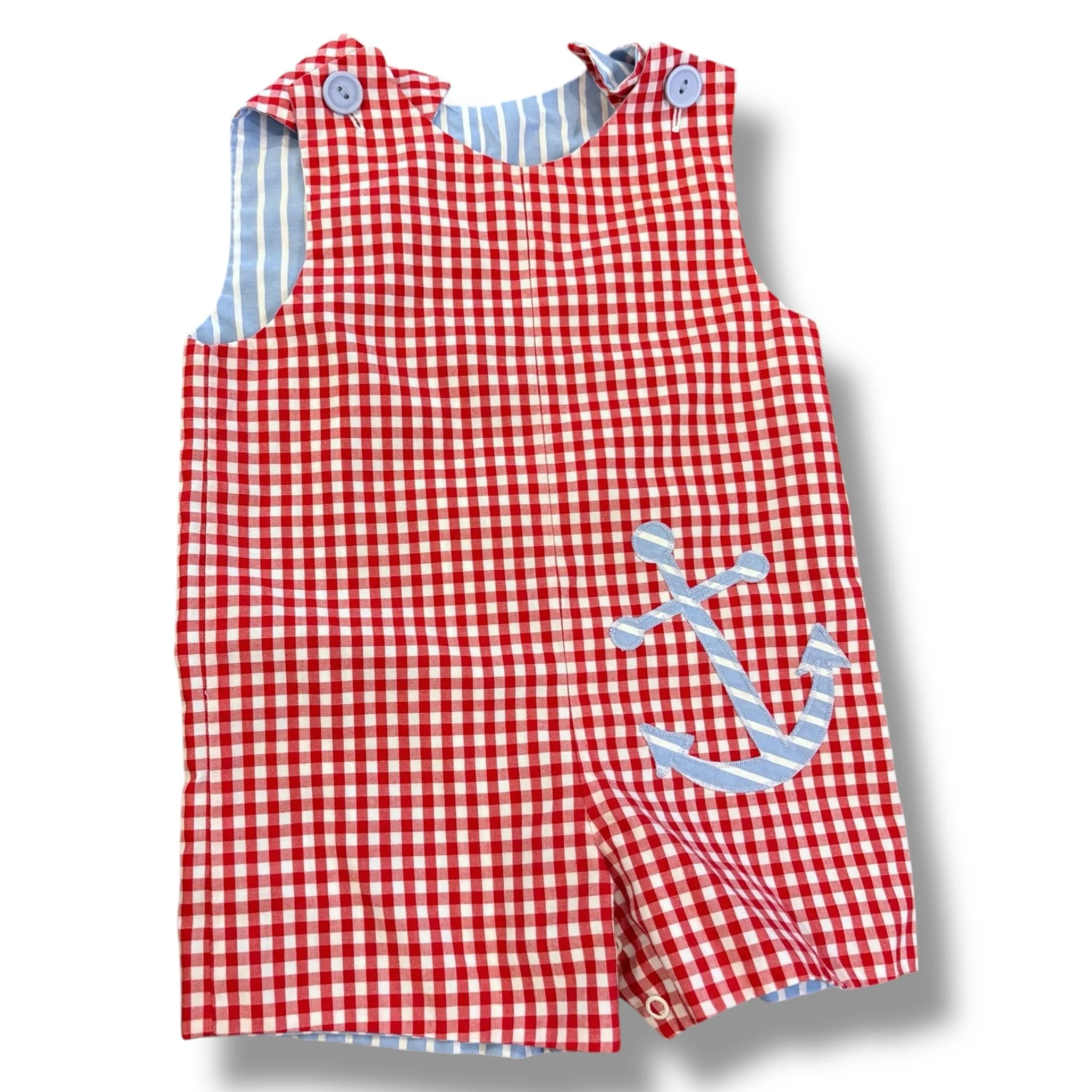 Size 2 red/white check shortall with blue anchor, tag missing