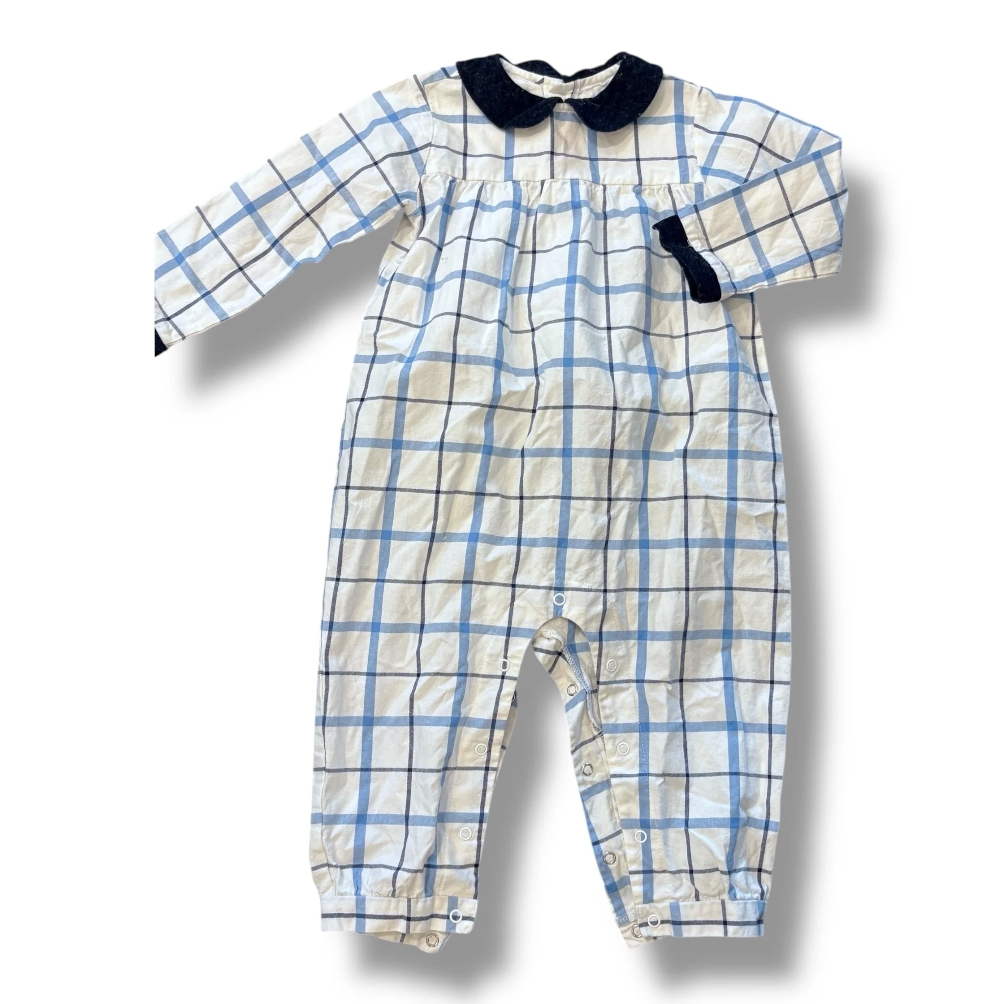 Size 2 Peggy green white/blue/navy plaid romper with navy collar