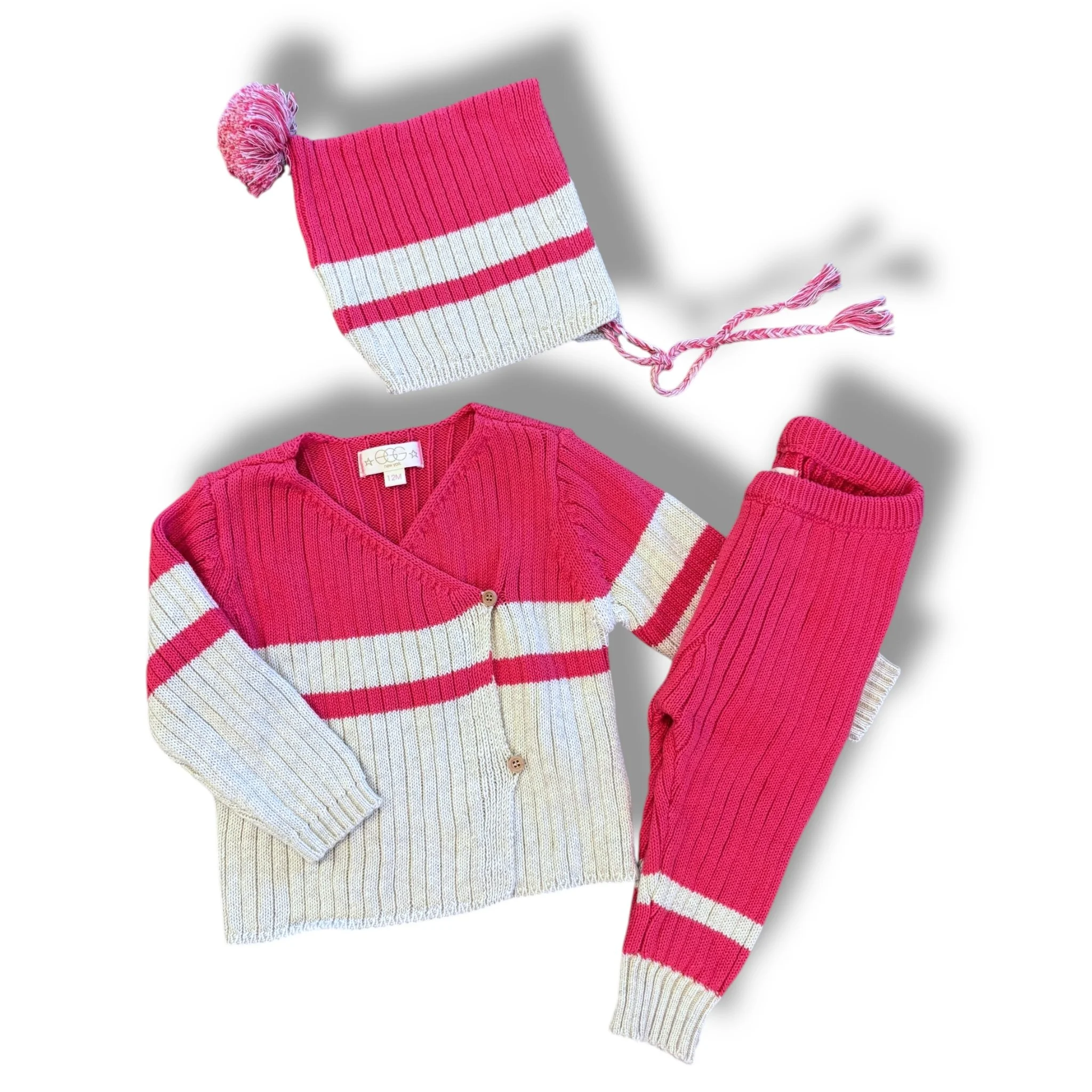 Size 12 month EGG hot pink/tan ribbed sweater set, with tie bonnet