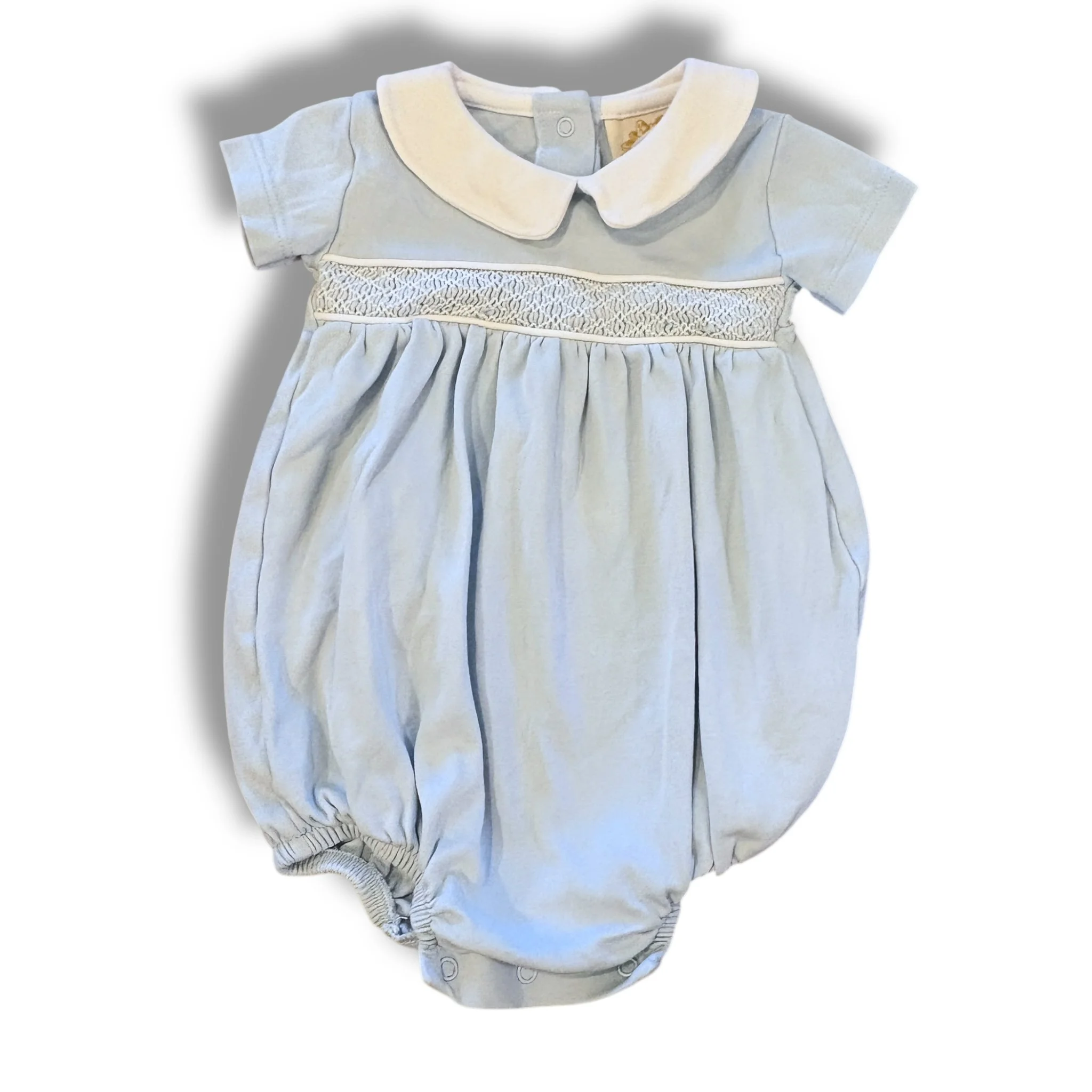 Size 6-12 month TBBC blue knit smocked bubble with white collar