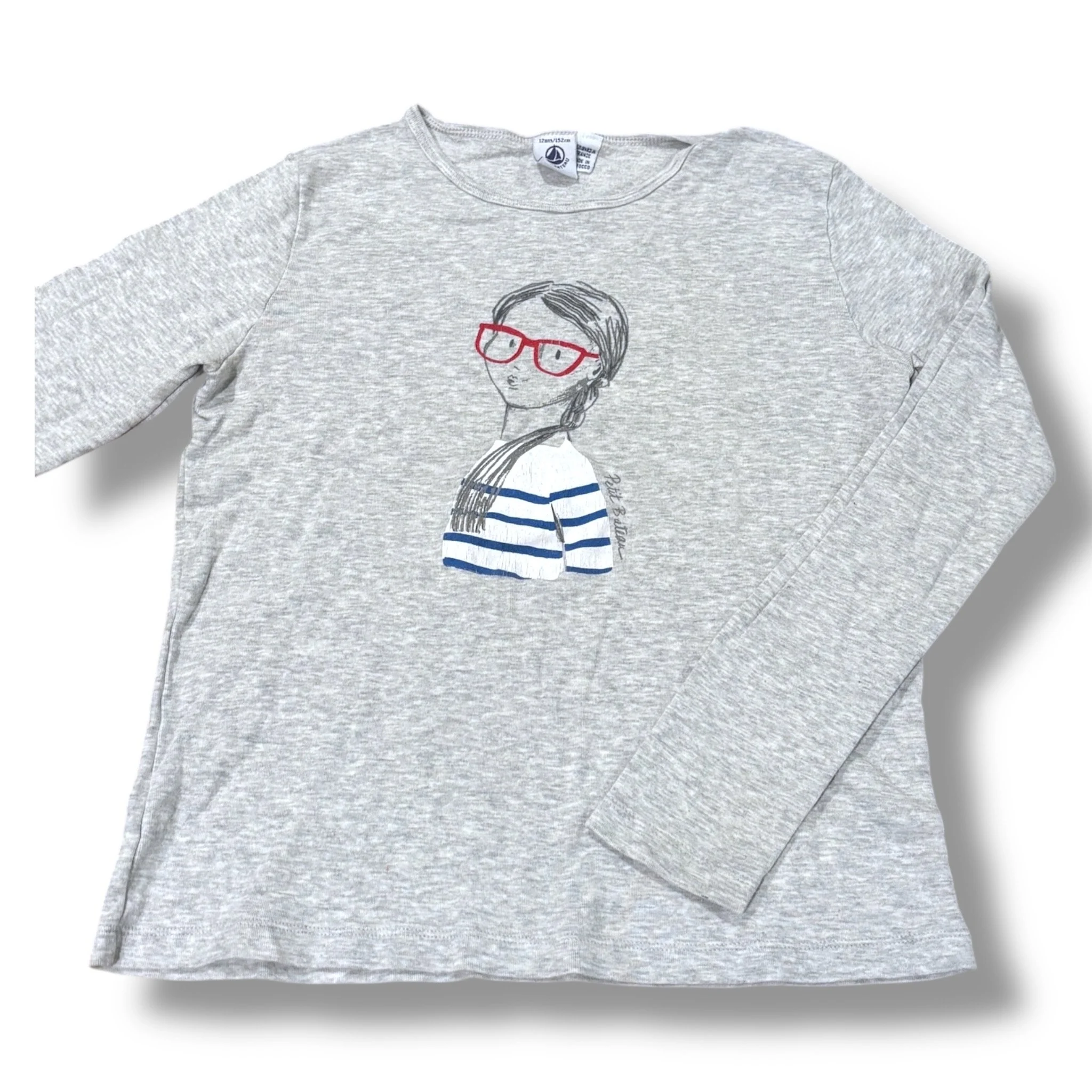 Size 12 Petit Bateau heather gray long sleeve fleece lined tee w/ girl wearing red glasses