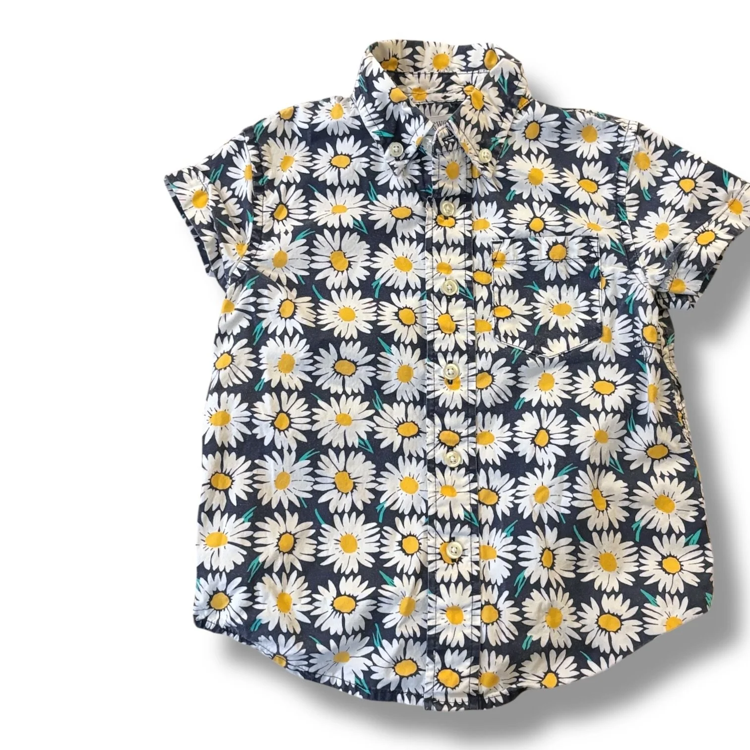 Size 2 Crewcuts navy short-sleeve button-up shirt w/ white daisies