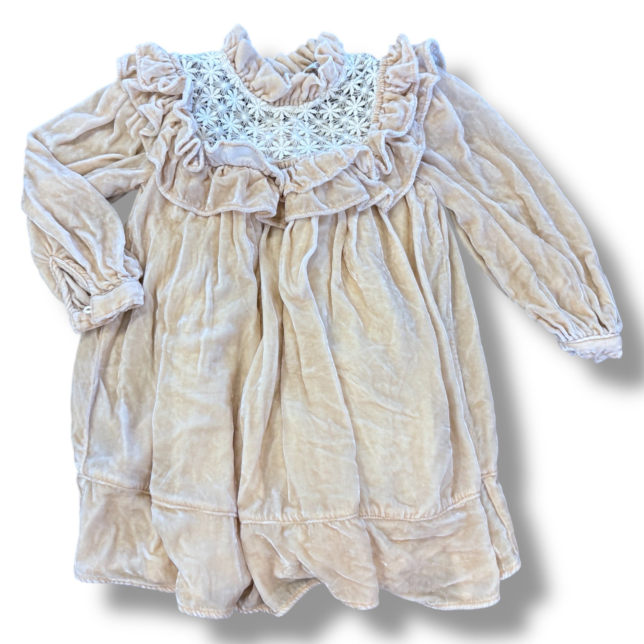 Size 4 Petit amamlie cream velour dress with floral lace chest
