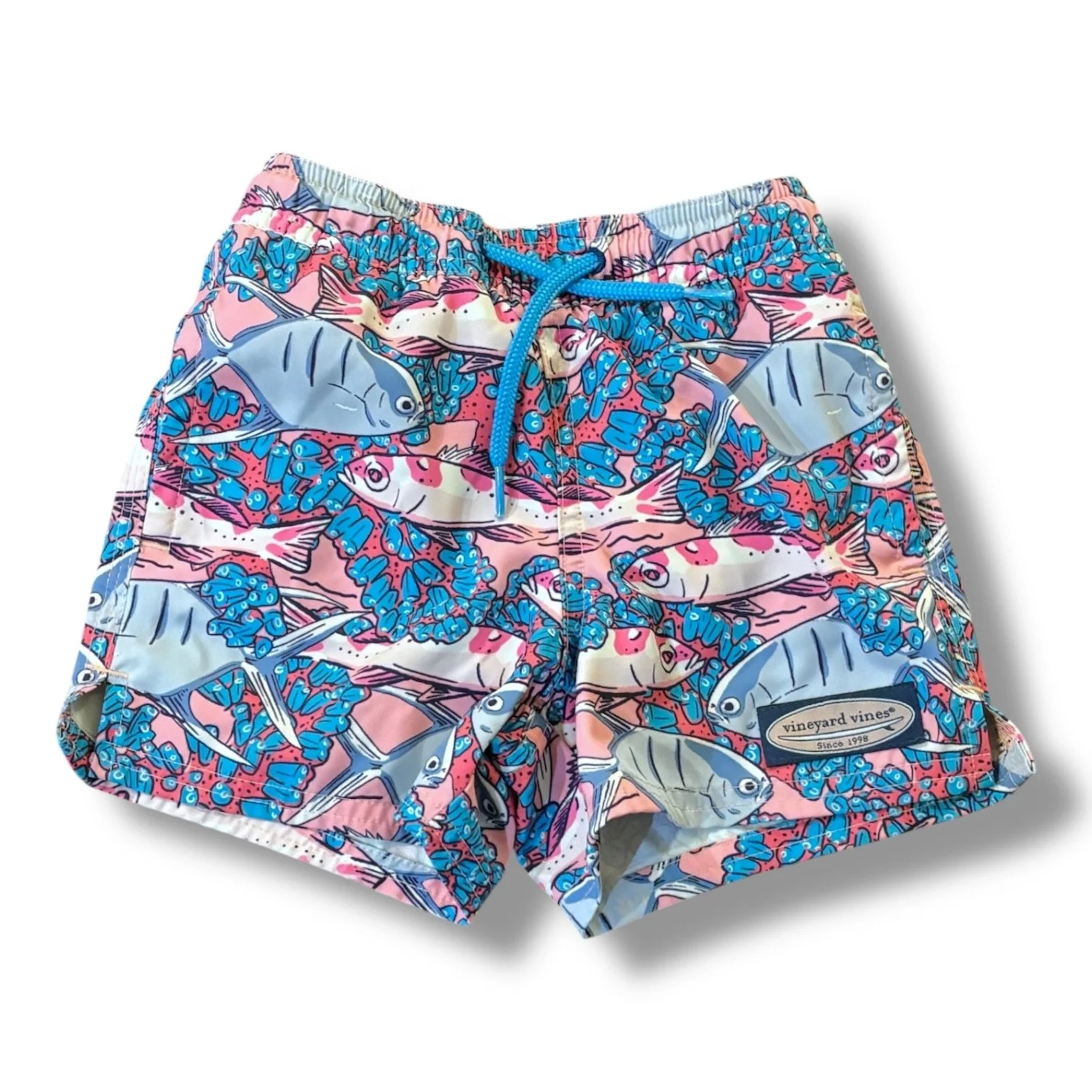 Size 2T Vineyard Vines pink/blue swim trunks w/ fish
