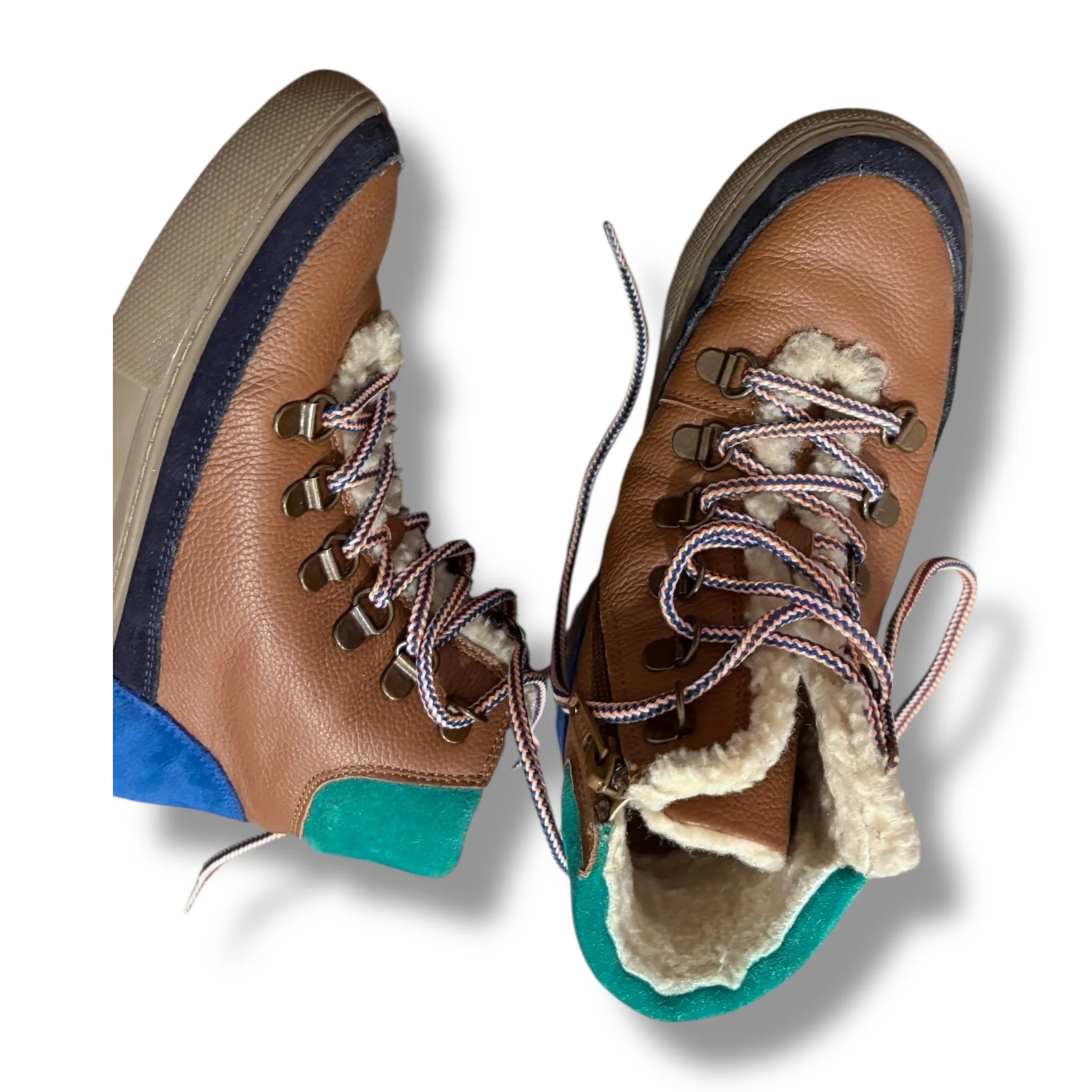 Size 2.5 boys Boden brown boots with blue/green accents, lace up