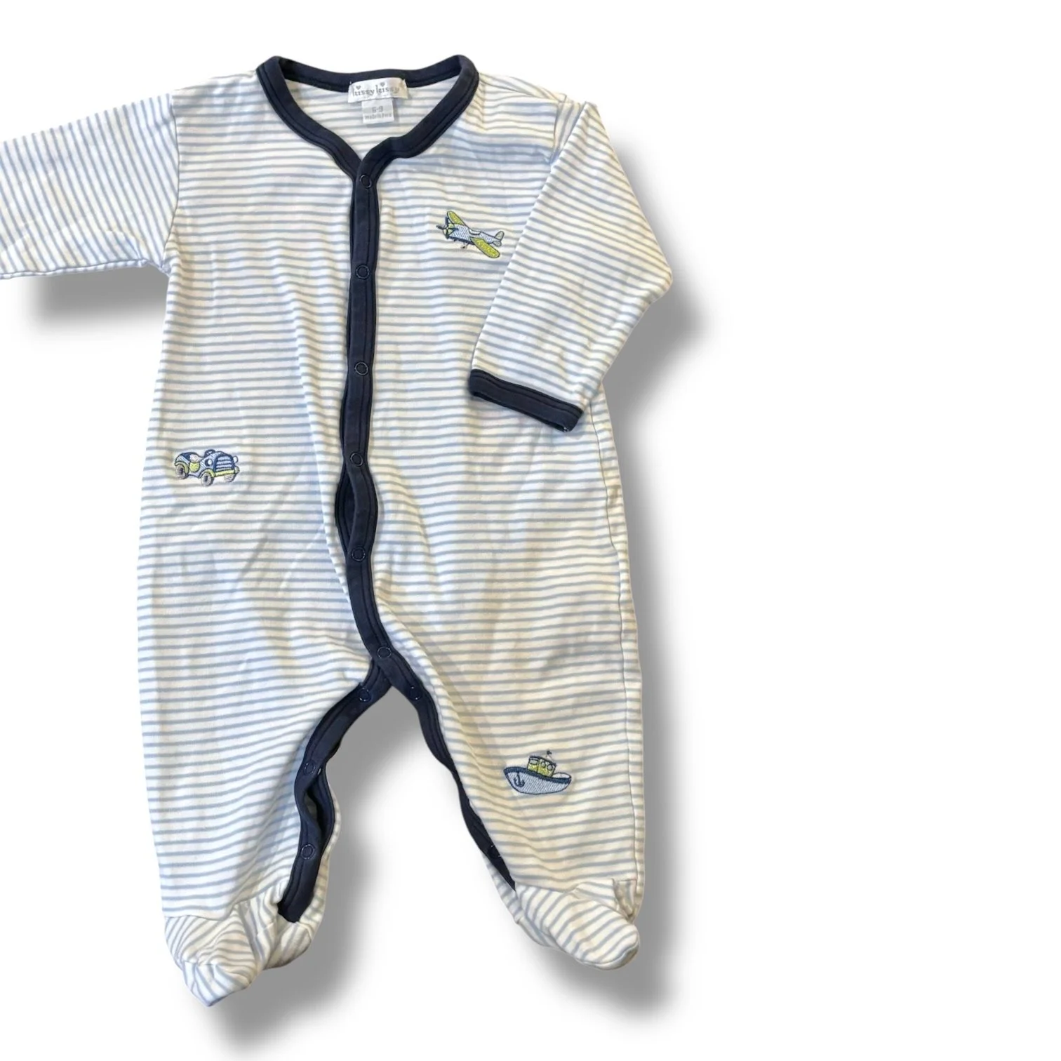 Size 6-9 month Kissy Kissy light blue/white striped sleeper w/ airplanes, navy trim