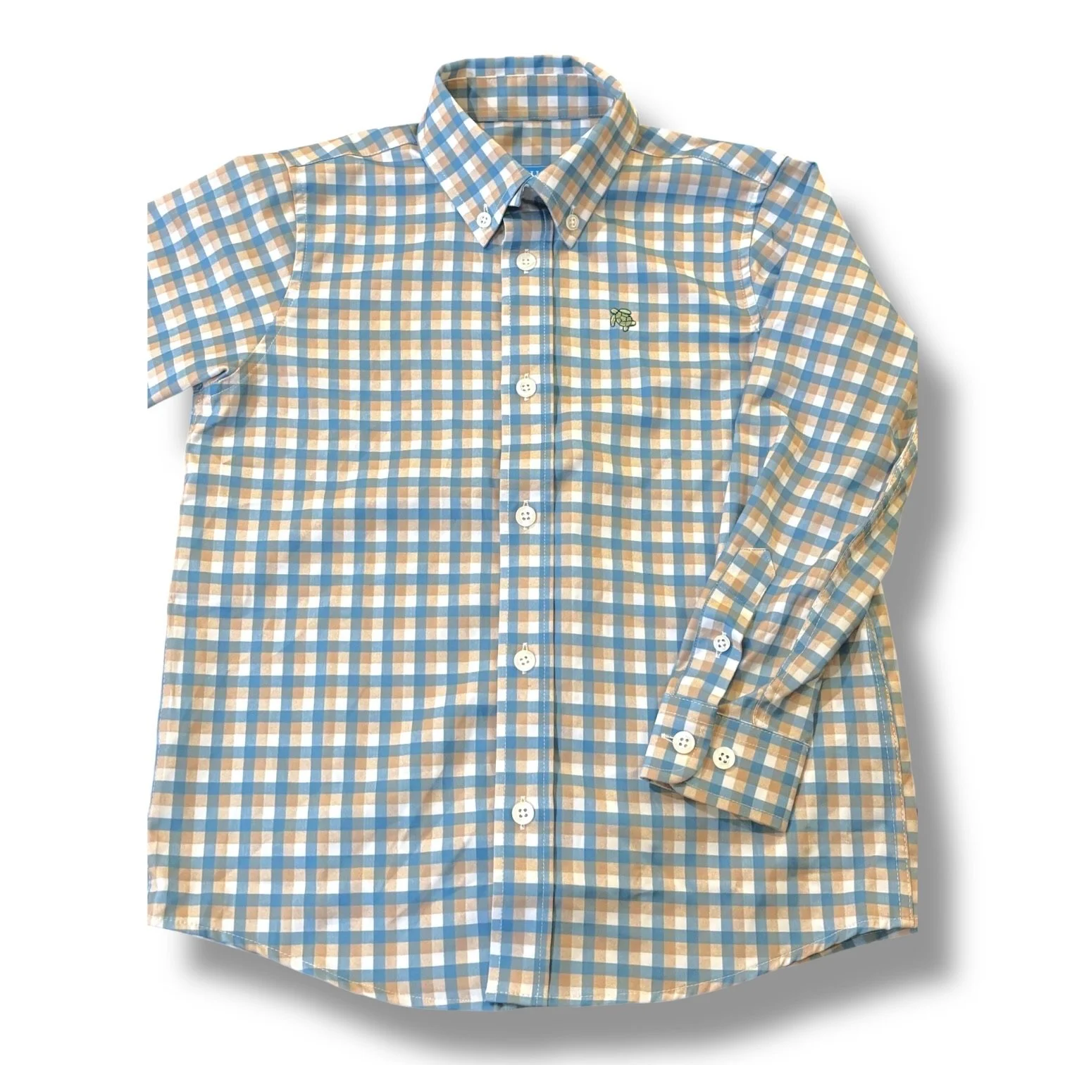 Size 4T J. Bailey tan/blue/white gingham performance button-up shirt