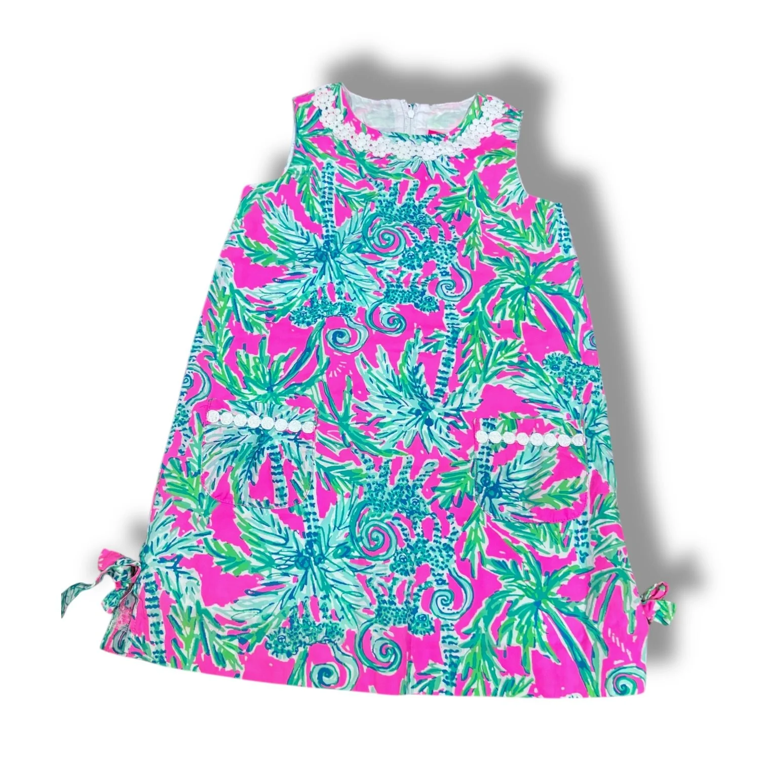Size 6 Lilly Pulitzer neon pink jumper w/ green palm trees & white flower trim