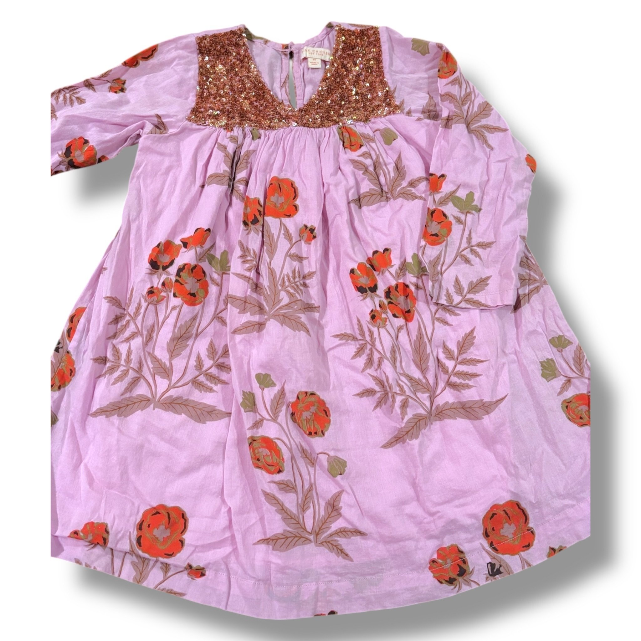 Size 4 Pink Chicken lavender dress w/ orange/brown flowers, brown sequins at top