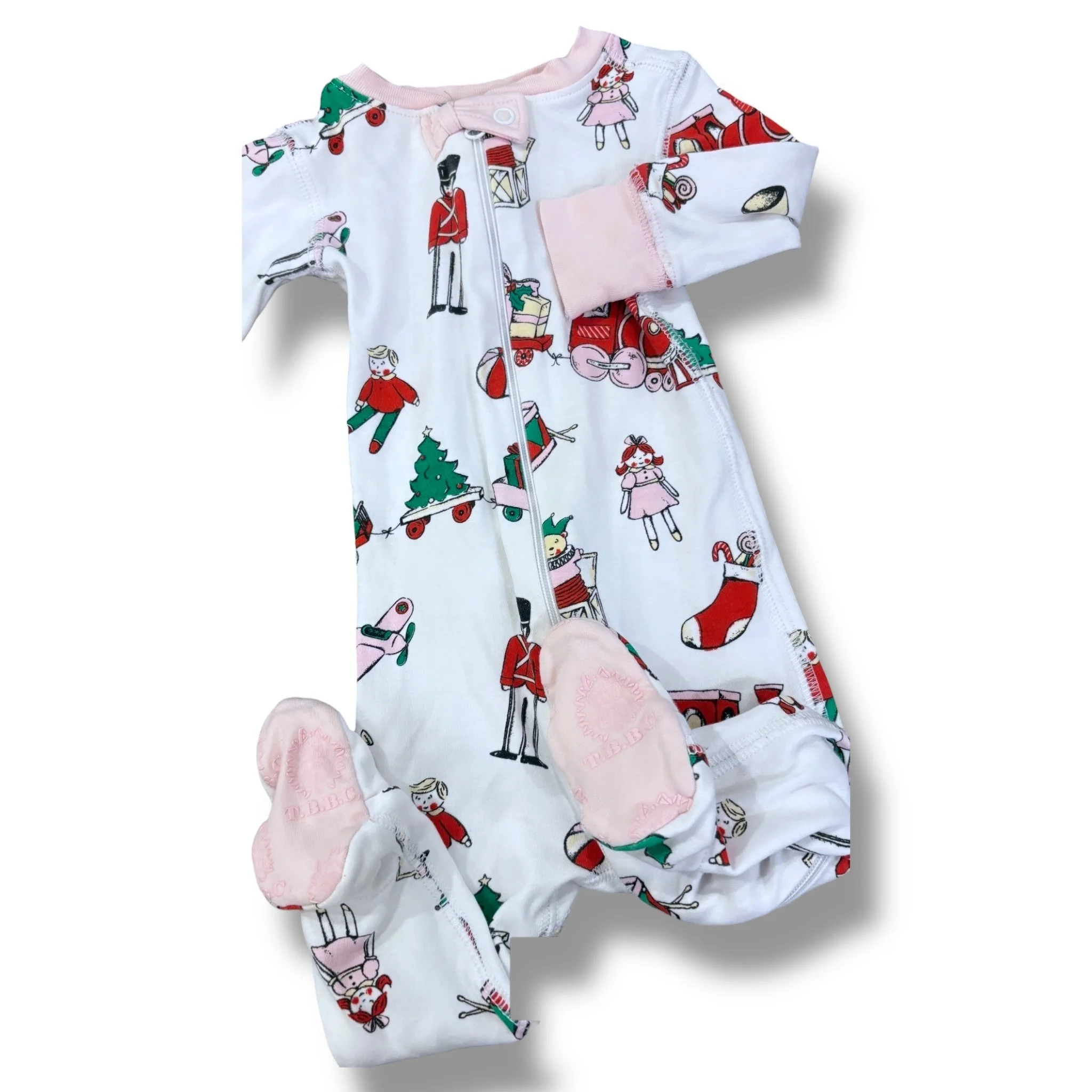 Size 3-6 month TBBC white sleeper w/ holiday toys, stockings, pink bow
