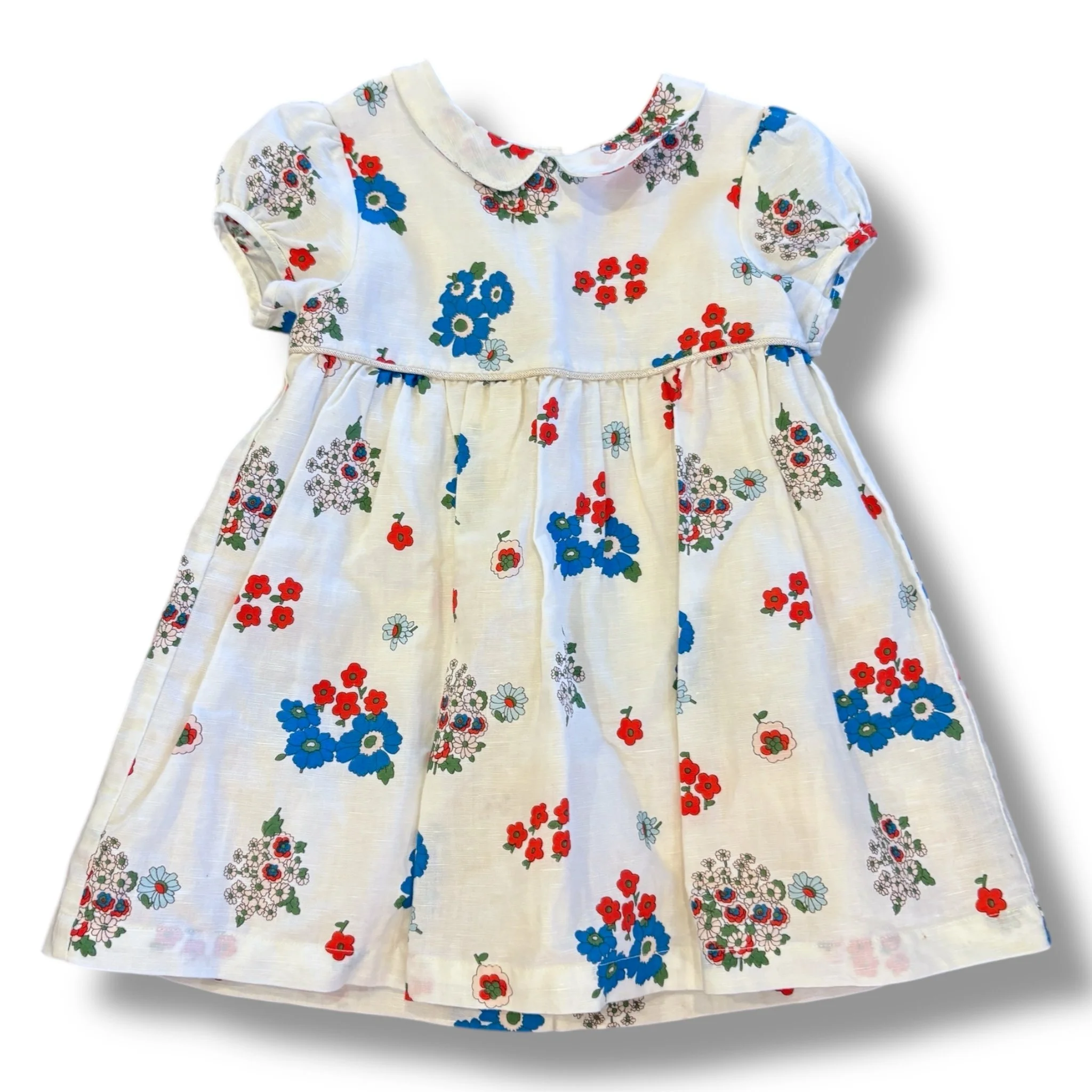Size 18-24 Boden cream dress with red/blue flowers, gold trim waist