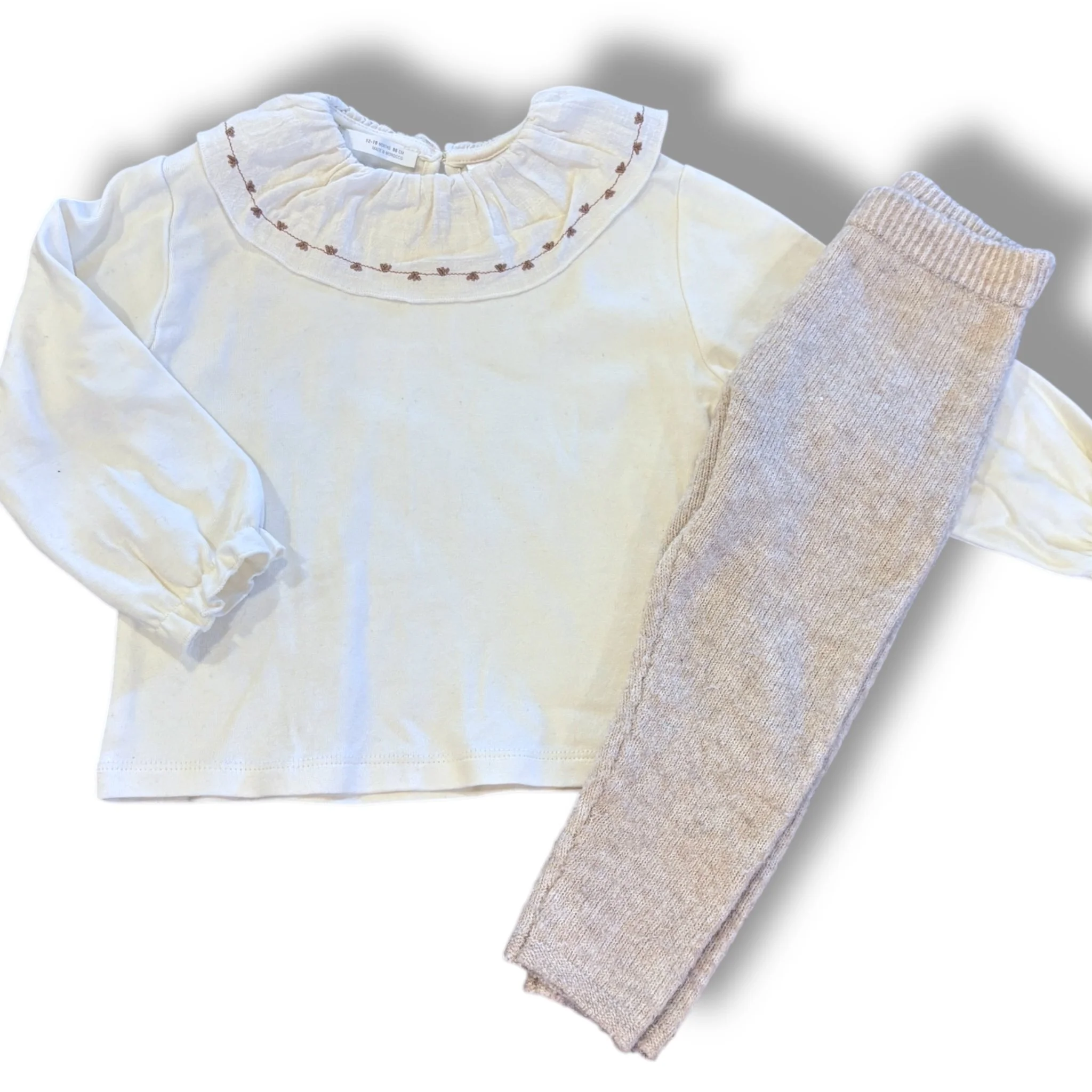 Size 12-18 month Zara cream onesie with ruffle embroidered collar, sweater pants