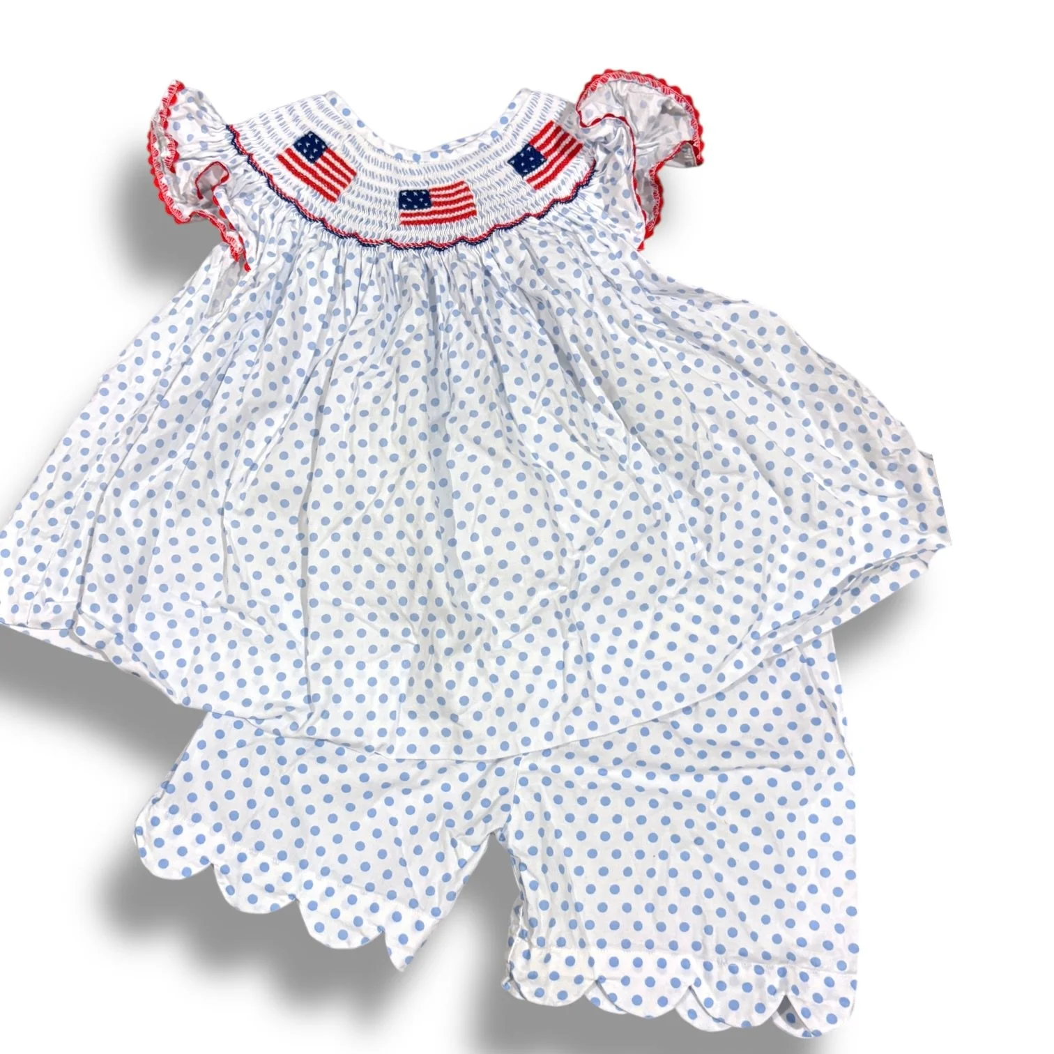 Size 6 Eliza James shorts/tank set: white w/ blue polka dots, smocked American flags