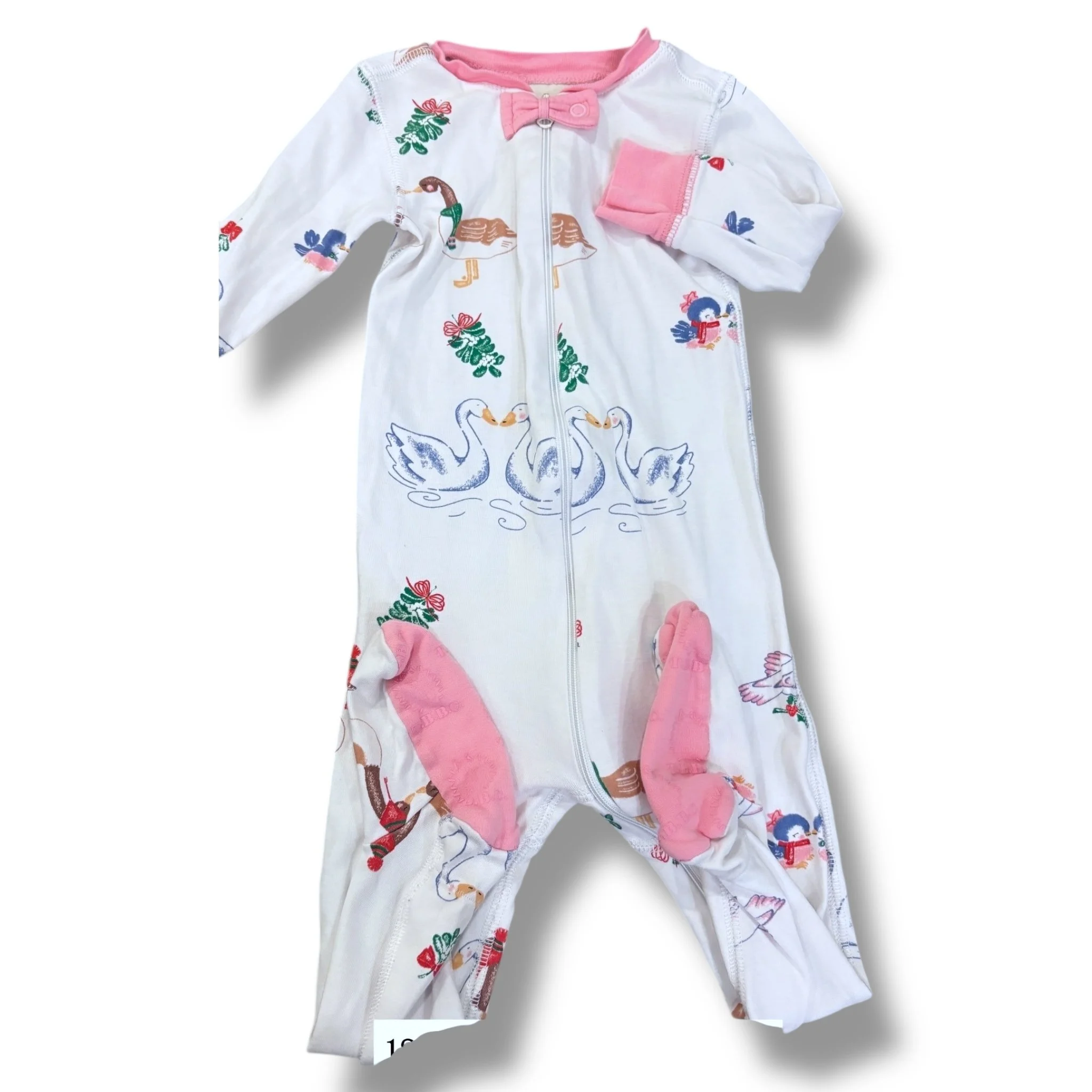 Size 18-24 month TBBC white sleeper w/ swans, geese, mistletoe (light wear)