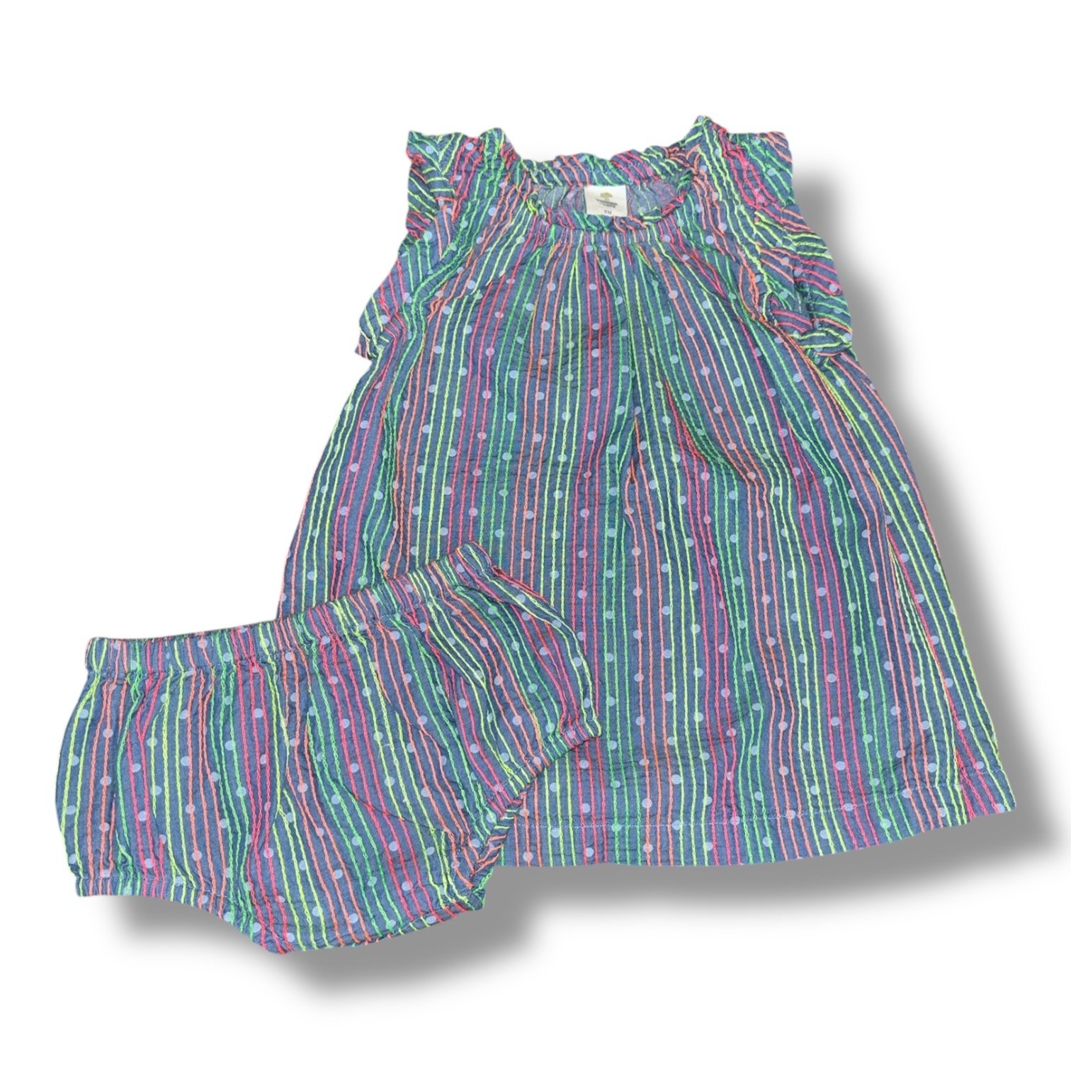 Size 3 month Tucker + Tate chambray dress w/ polka dots, neon threads (matching bloomers)