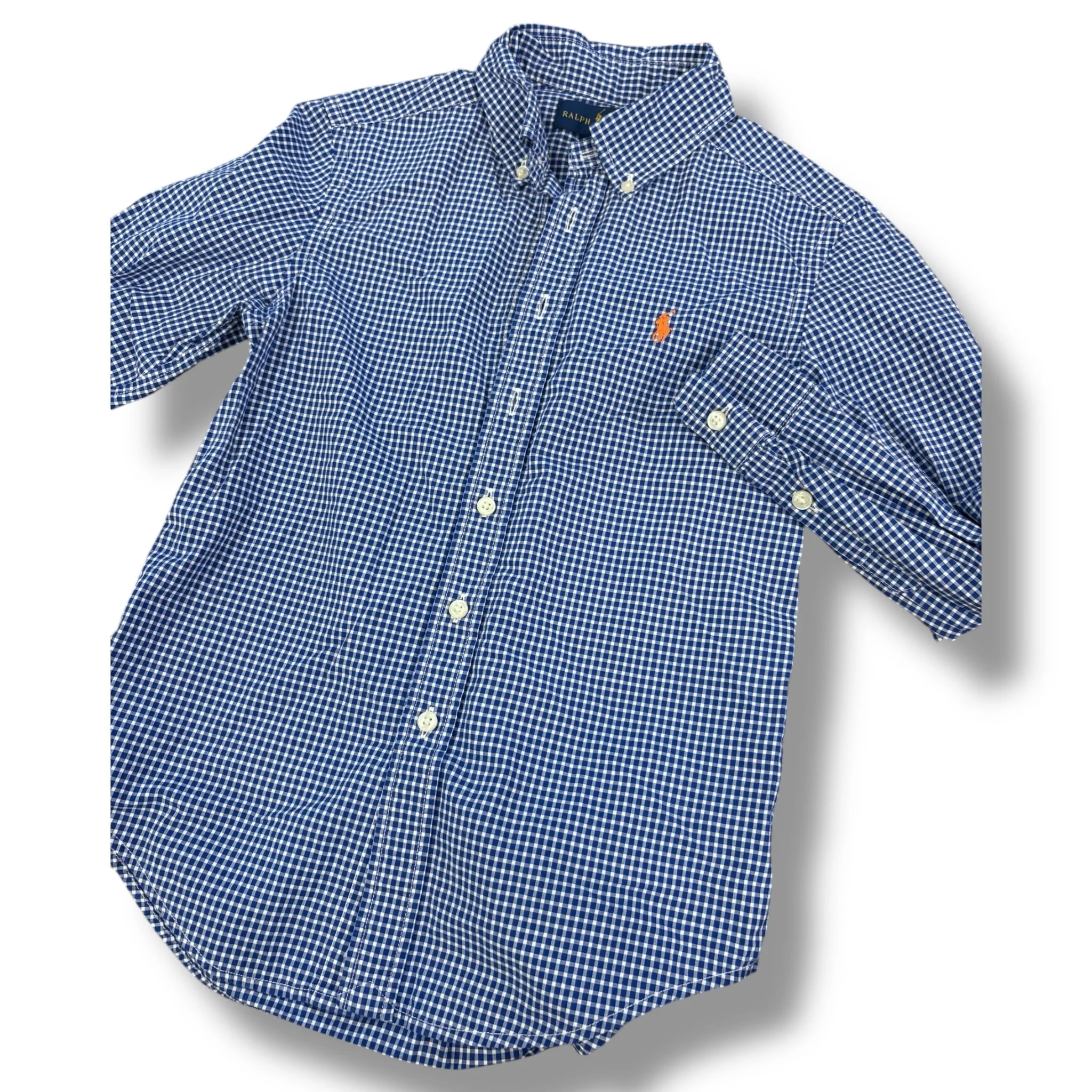 Size 8 Ralph Lauren blue/white check button up with orange rider