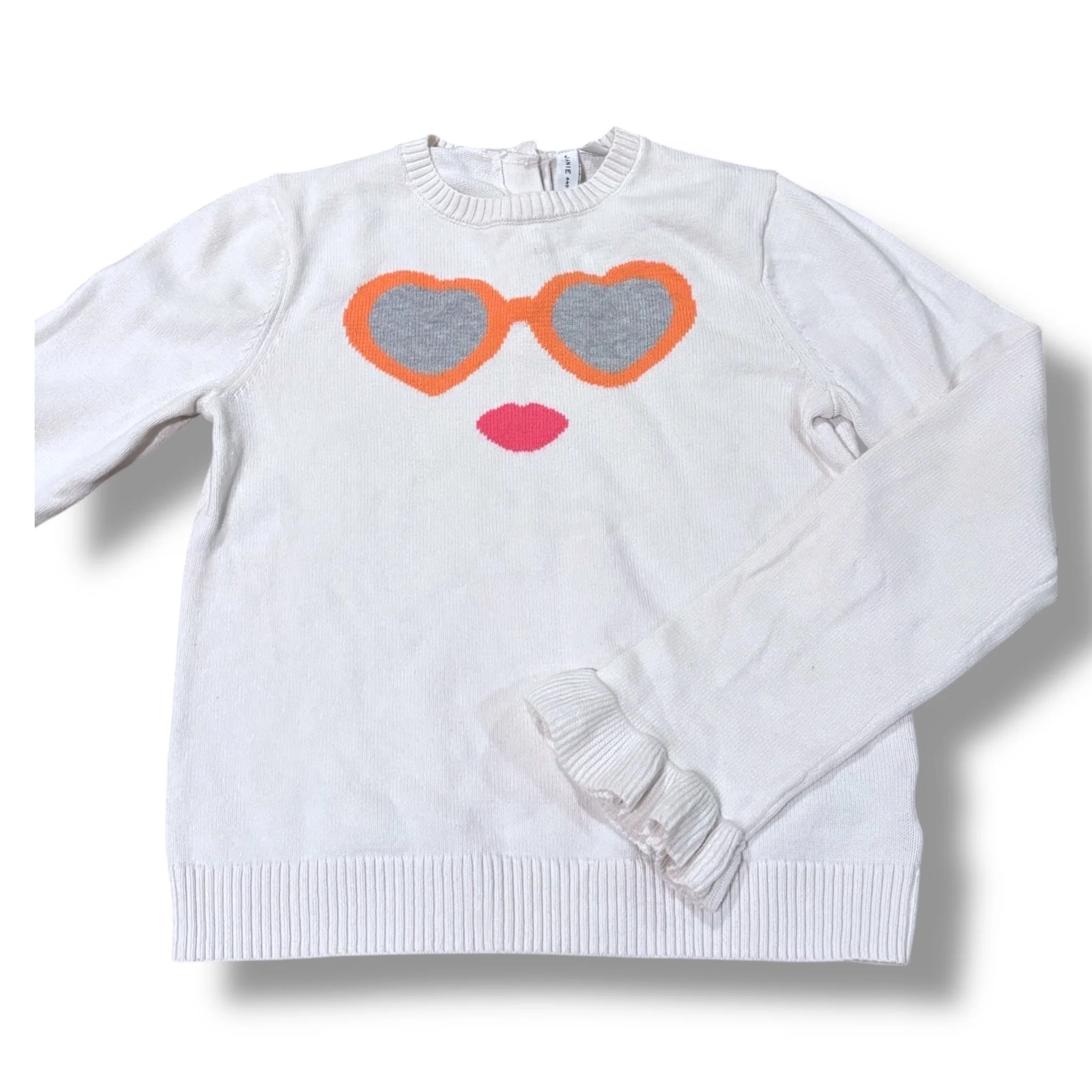 Size 10 Janie and Jack cream knit sweater w/ orange sunglasses face