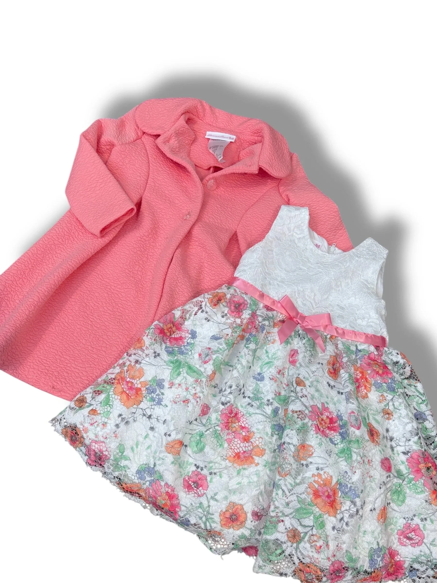 Size 2T Bonnie Jean set: lace dress w/ floral skirt, pink satin bow; salmon pink jacket