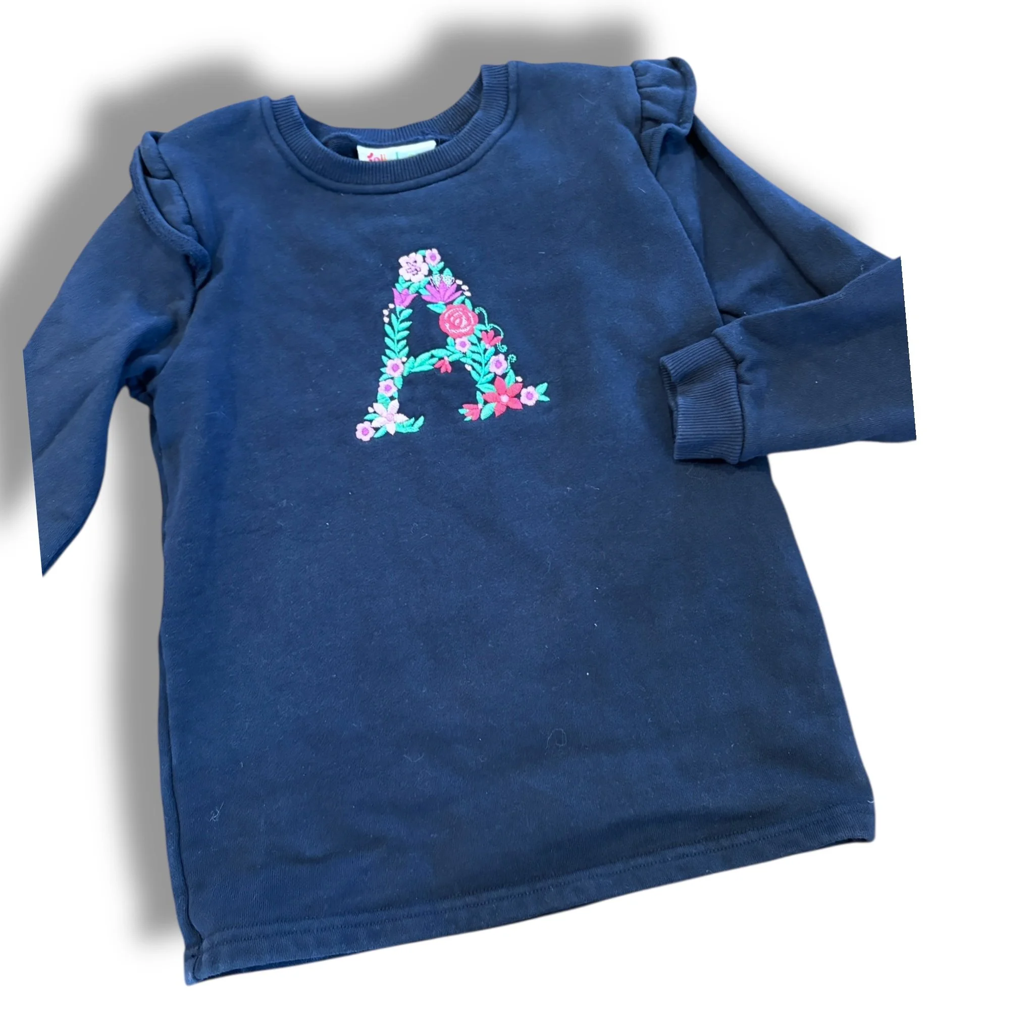 Size 8 navy sweatshirt with multicolor floral A monogram