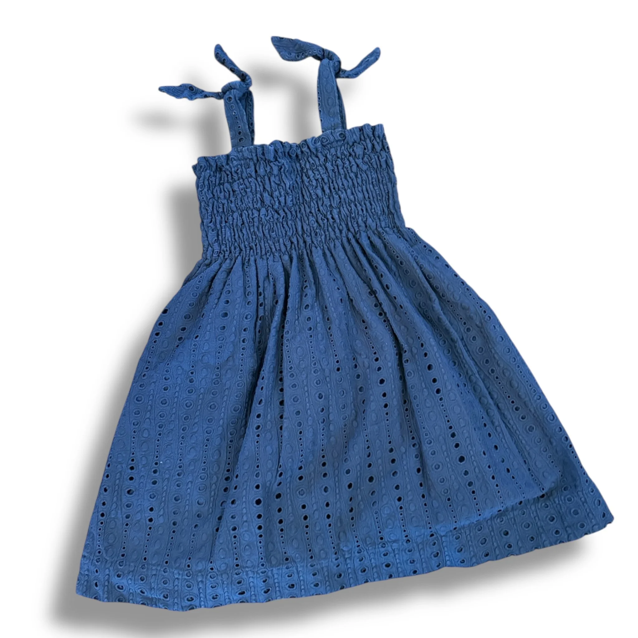 Size 5 Bella bliss navy eyelet smocked chest tank dress, light fade