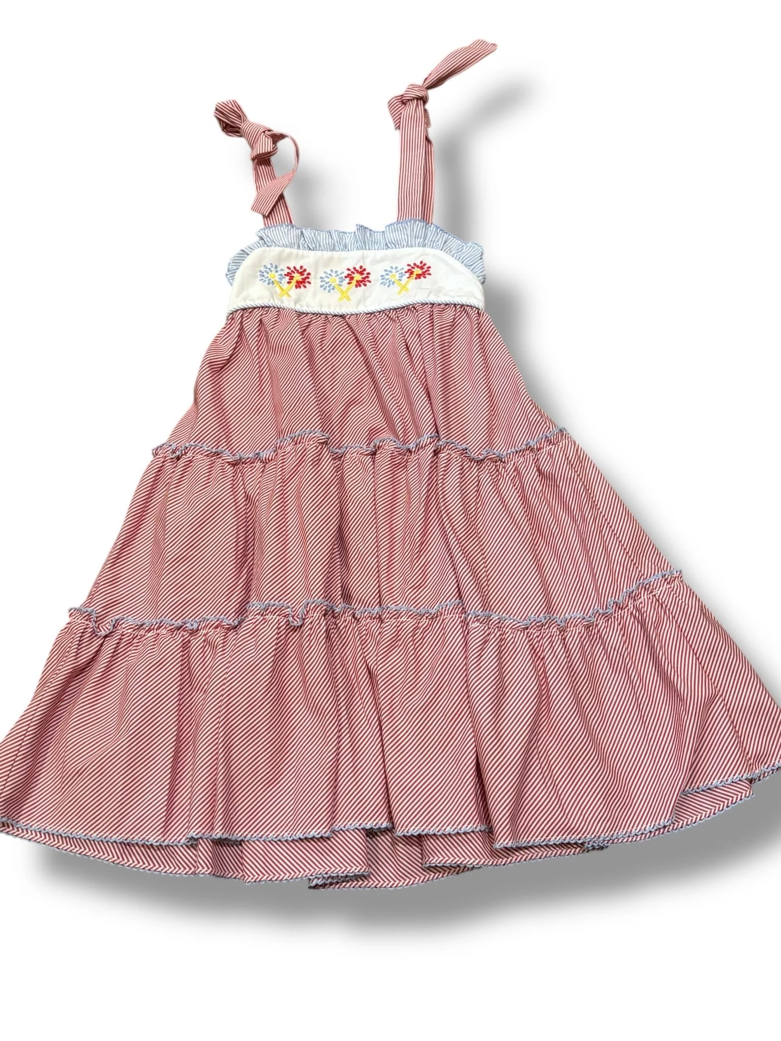 Size 5 Shrimp & Grits red/white striped dress w/ blue/white trim, embroidered fireworks