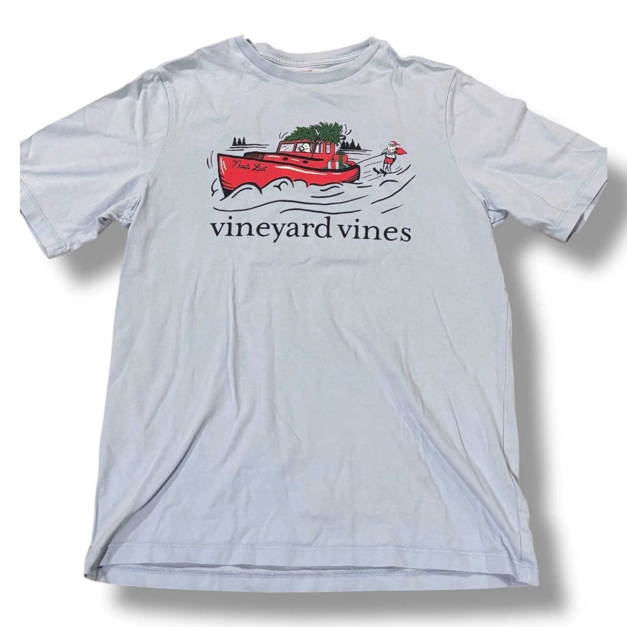 Size Large (16) Vineyard Vines light blue tee w/ red boat, water-skiing Santa
