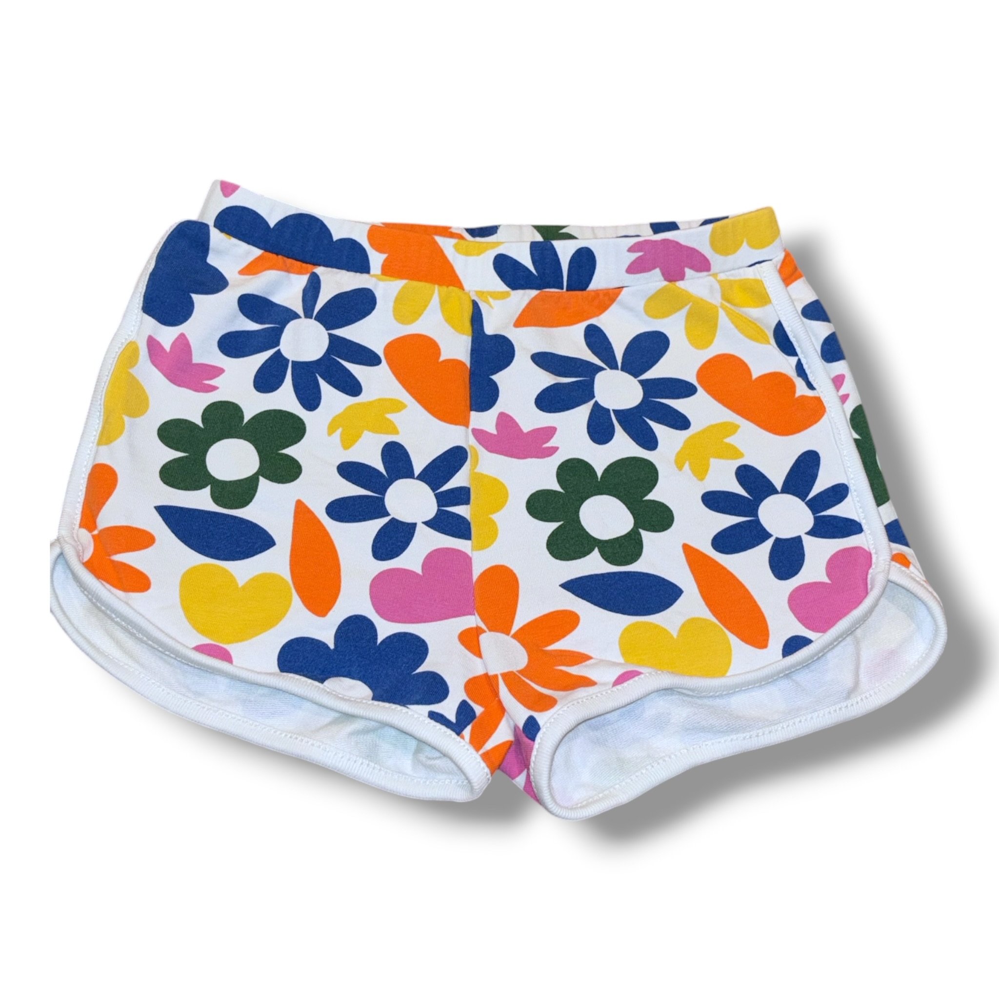 Size 6-7 Hanna Andersson white knit shorts w/ bright colored large flowers