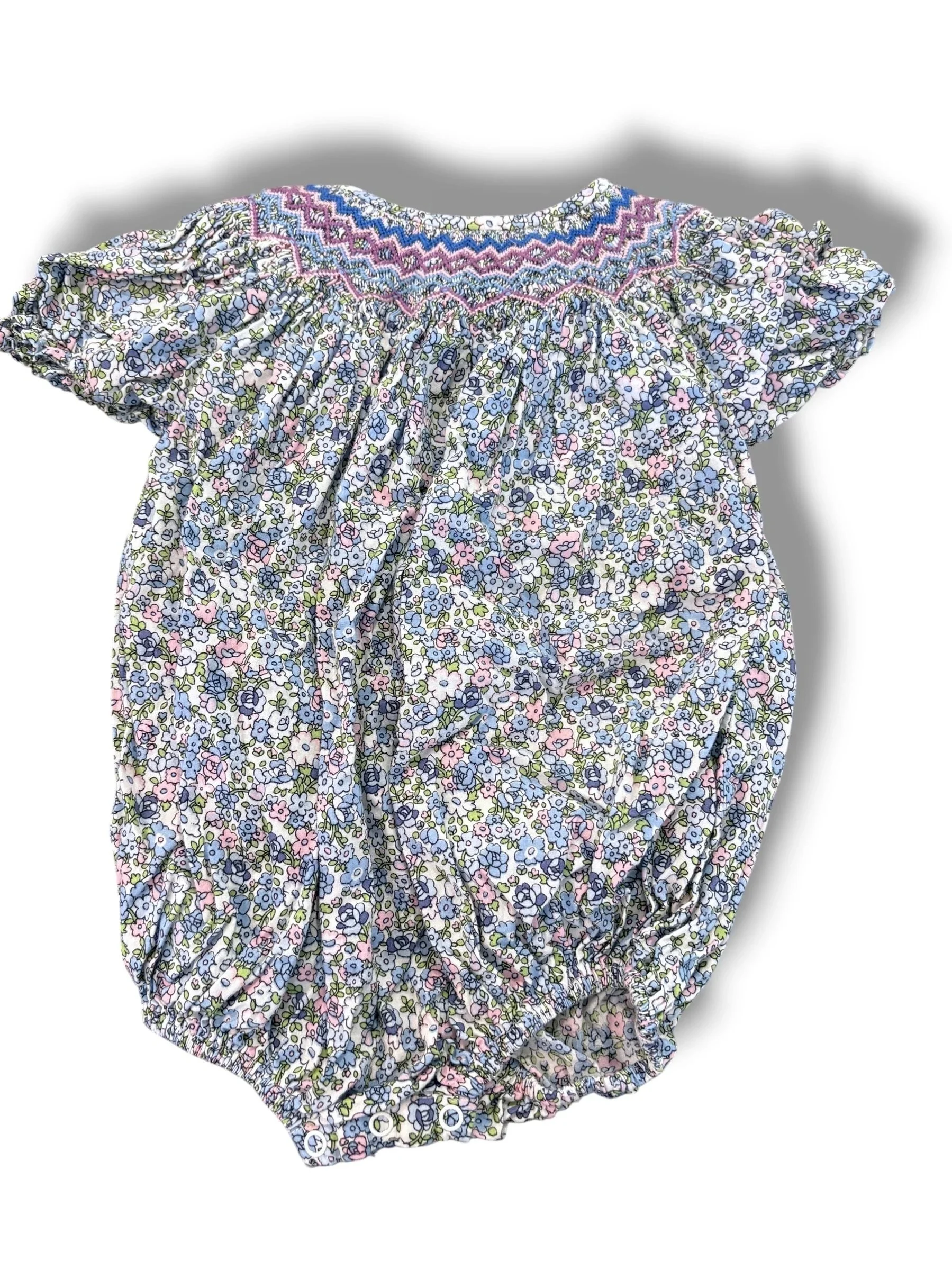 Size 12 month Ann + Reeves purple/blue/pink smocked floral bubble