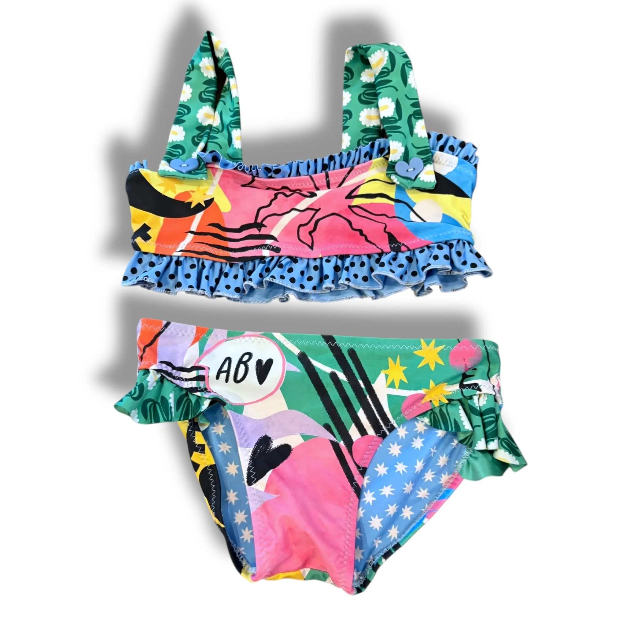 Size 4 Aqua bendita two piece- multicolor with blue/black ruffle trim, green floral straps