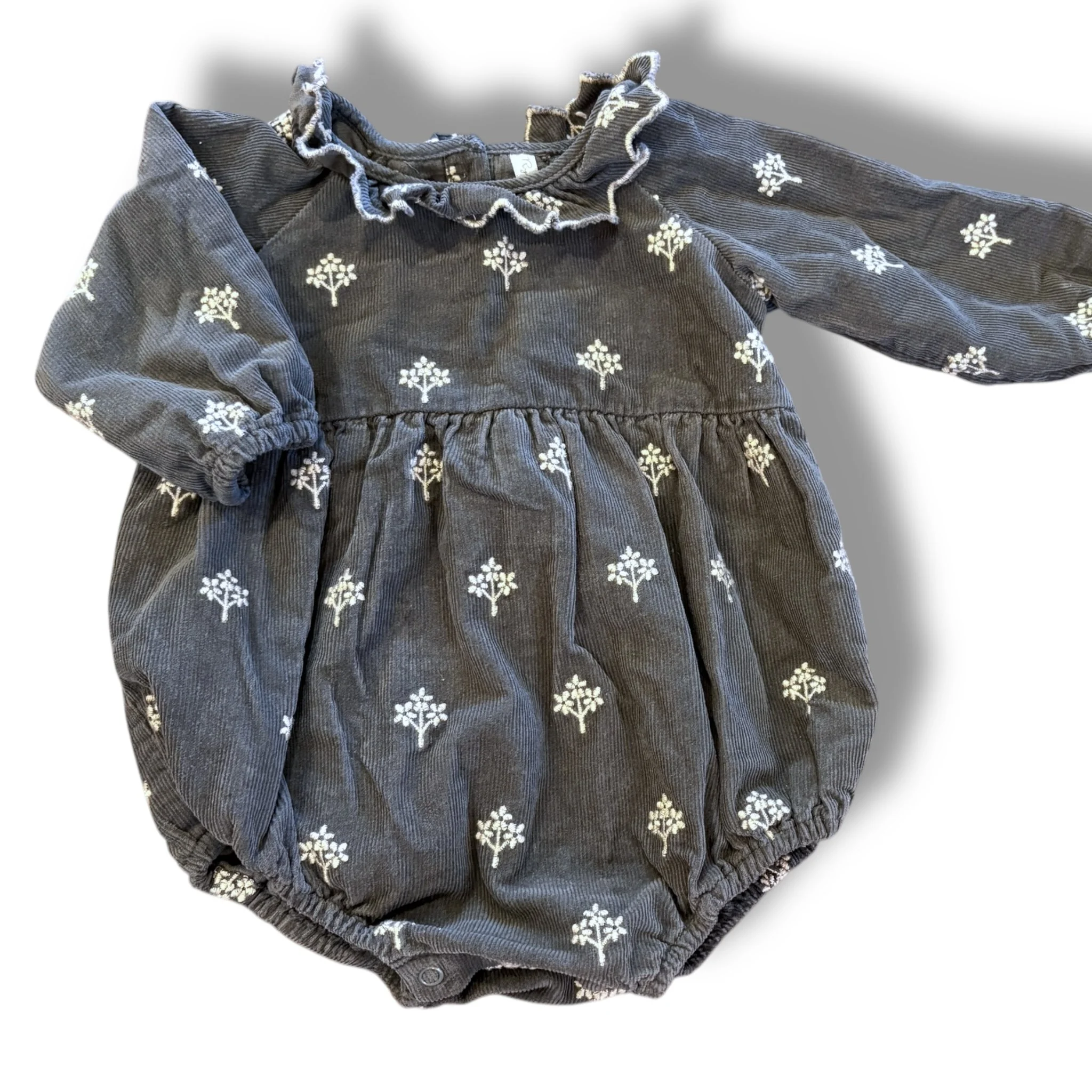 Size 12-18 month Rylee and cru grey corduroy bubble with cream embroidered flowers