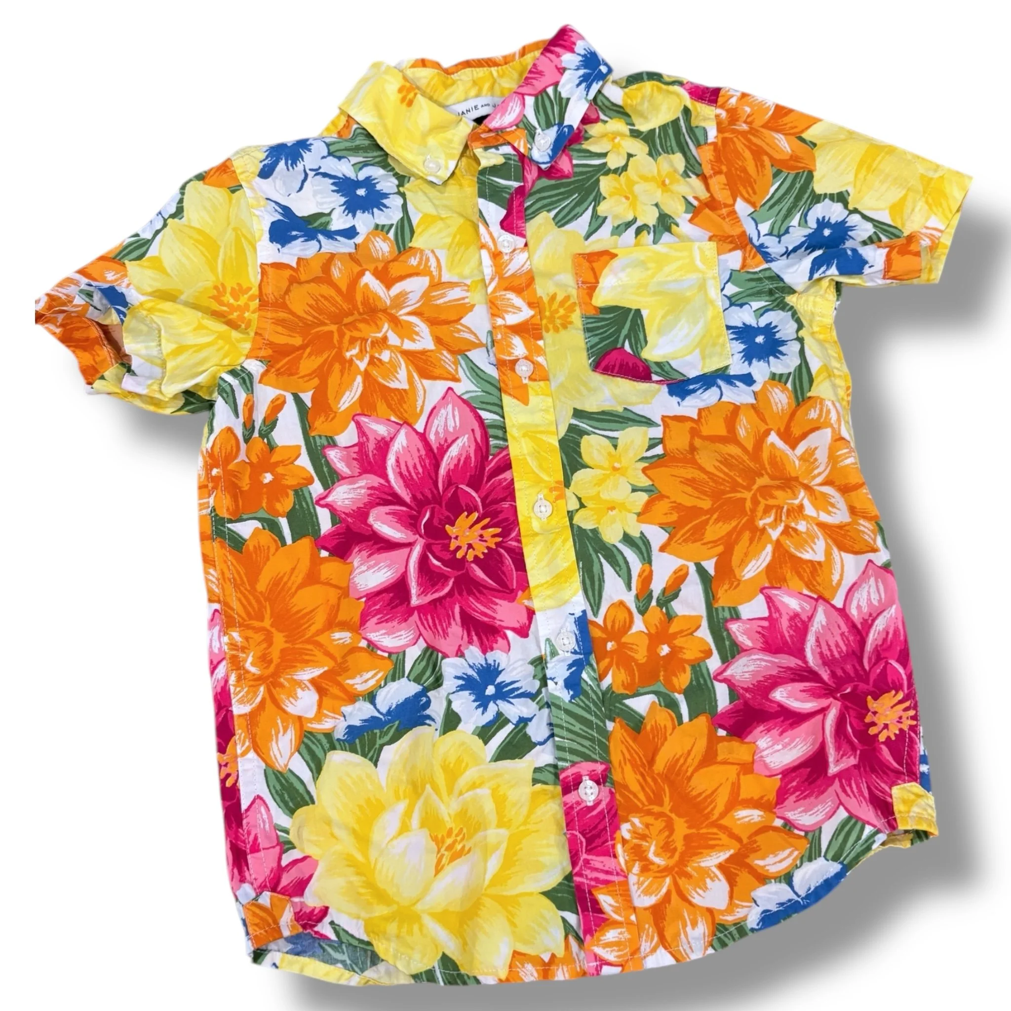 Size 7 Janie and jack yellow/orange/pink/green tropical floral button up, short sleeve