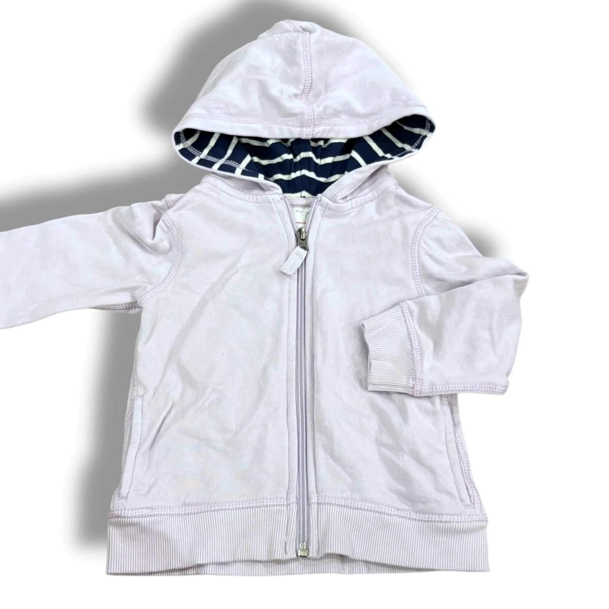 Size 2 Hanna Andersson light lavender zip up hoodie with navy/white lining in hood