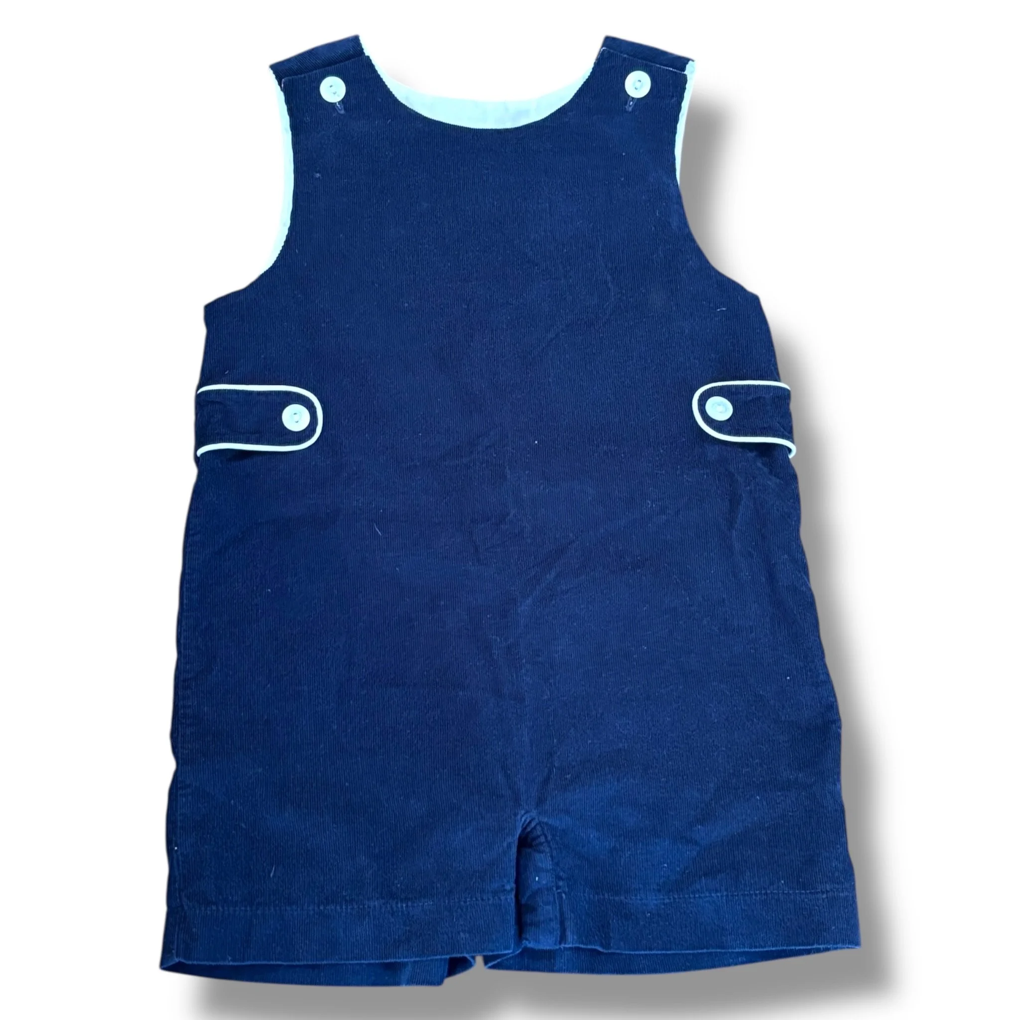 Size 4T Little English navy corduroy short-all w/ white piping on side tabs