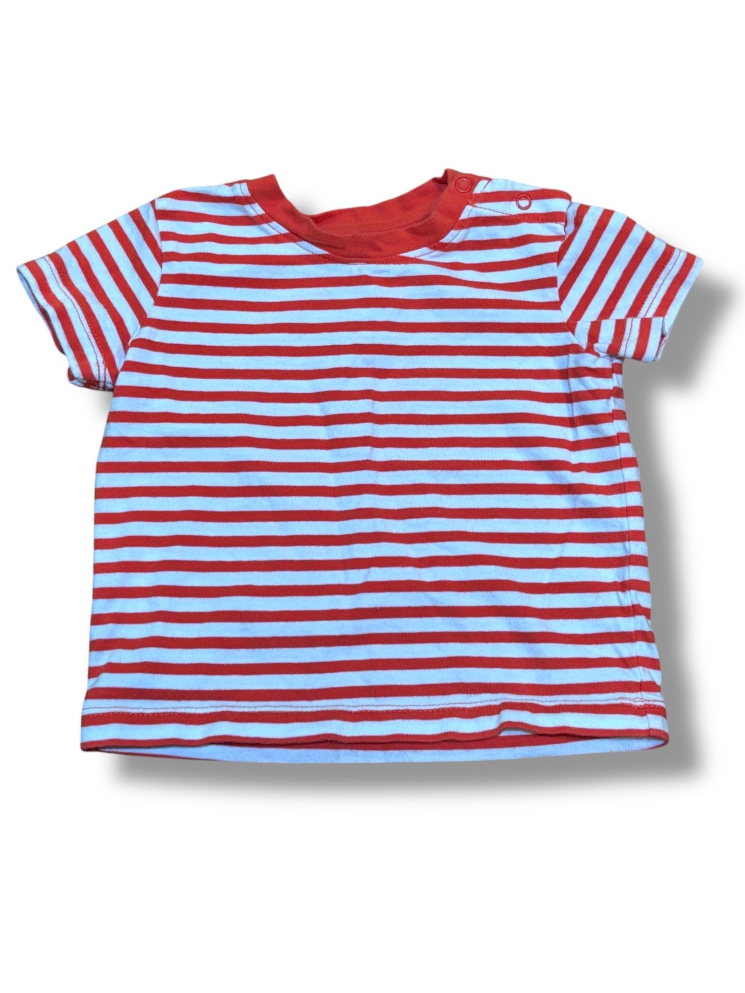 Size 3-6 month Primary red & white striped tshirt with shoulder snaps