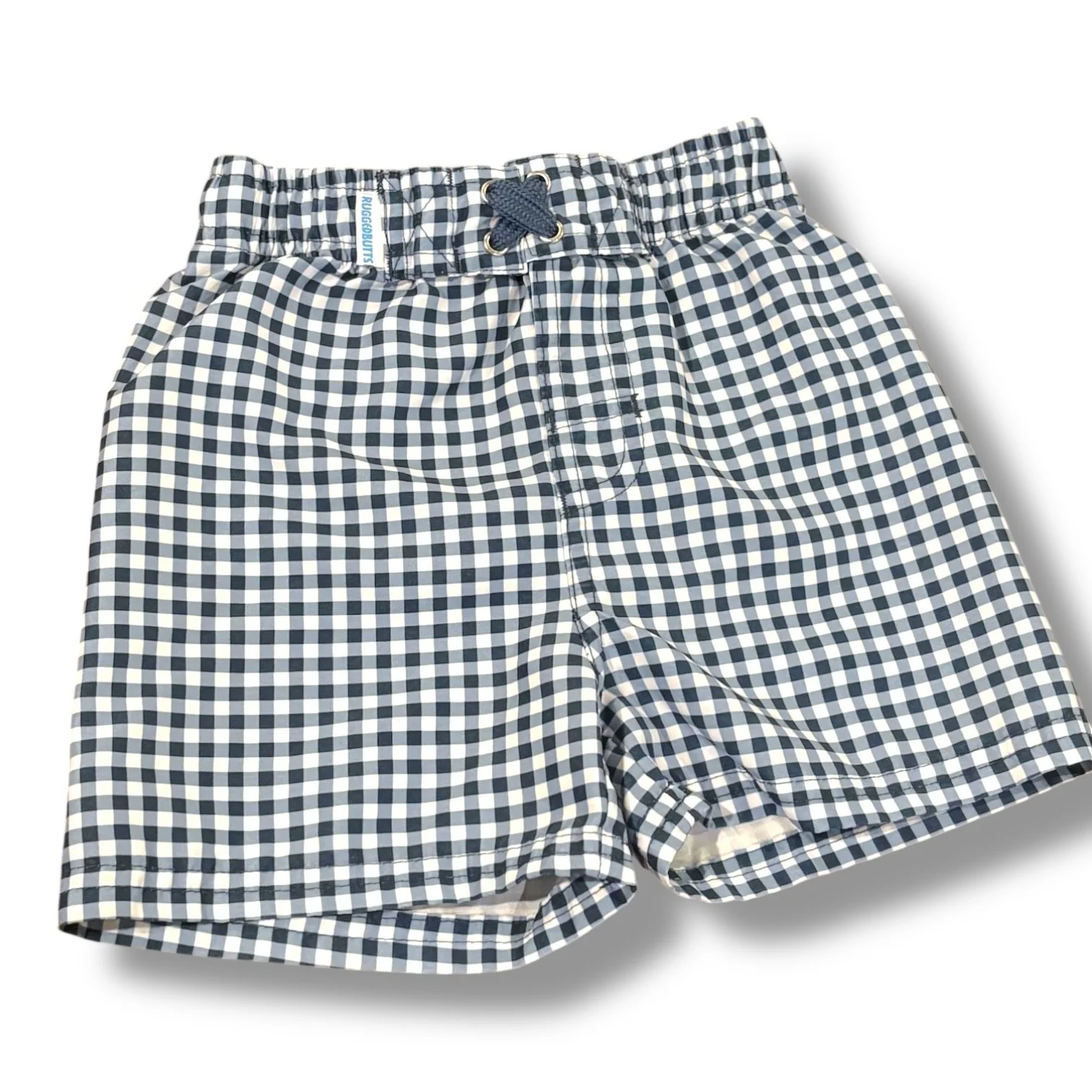 Size 2T Rugged Butts blue/white gingham swim trunks