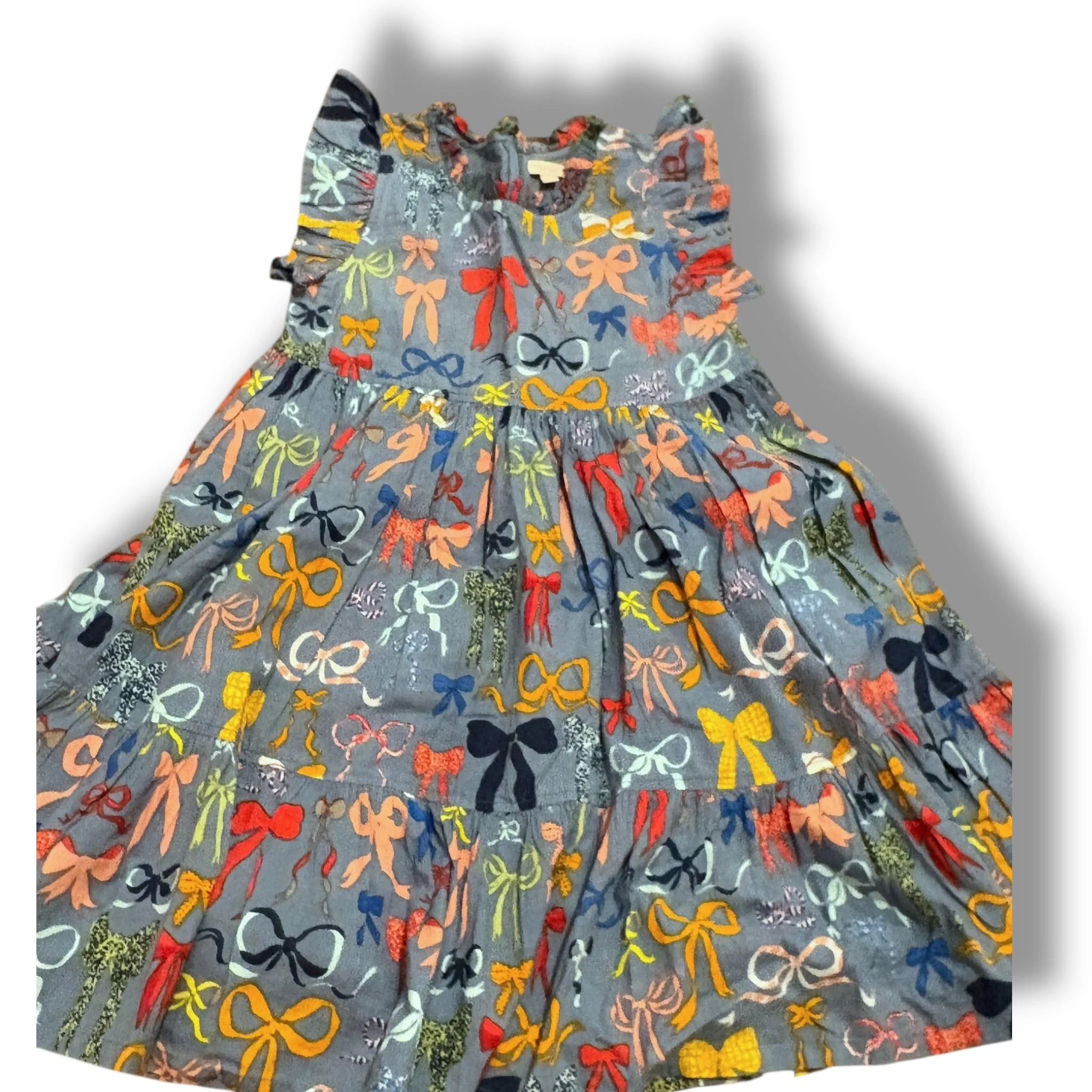 Size 10 Pink Chicken slate gray dress w/ multicolored bows, spot on pink bow