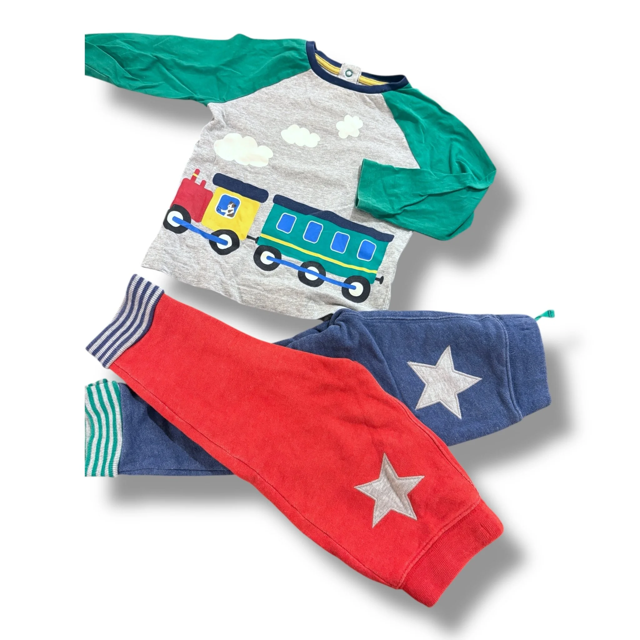 Size 18-24 month Boden bundle - red sweatpants w/ star, navy sweatpants w/ star, long-sleeve tee w/ green sleeves & train