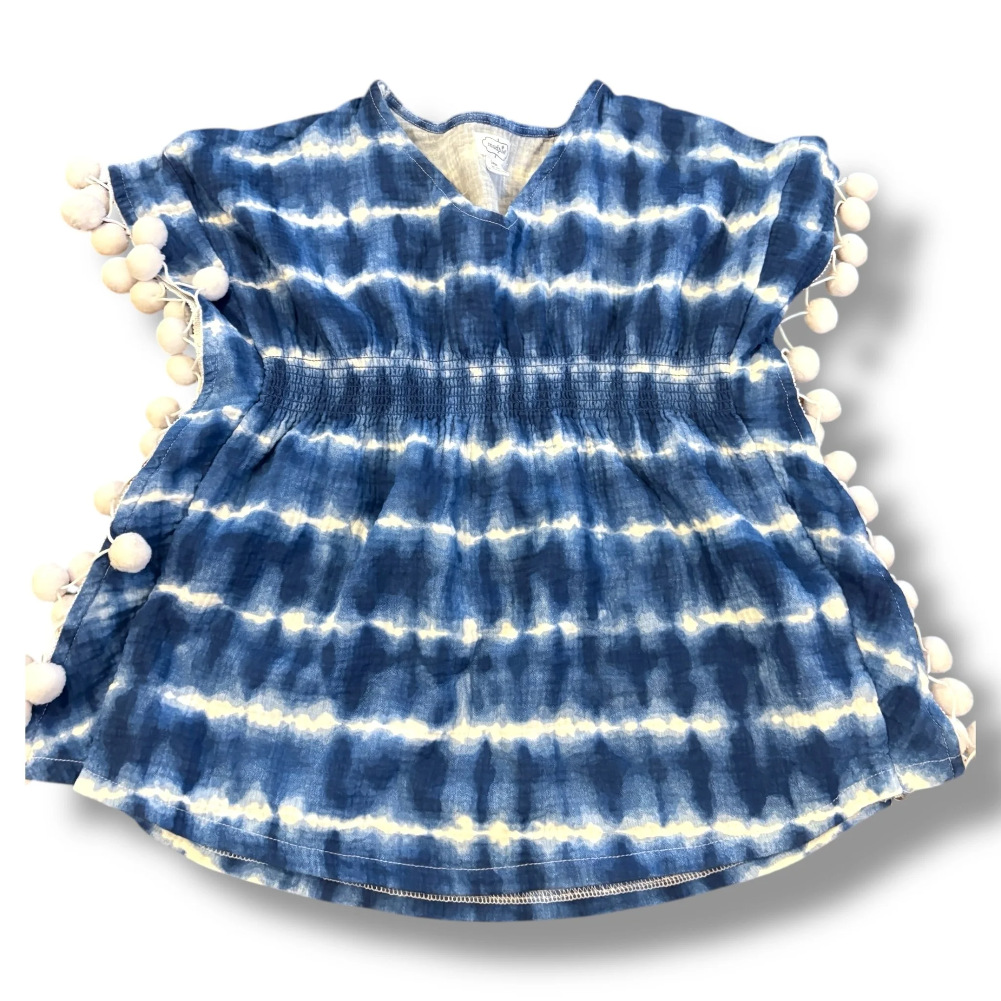 Size 4-5 Mudpie blue/white tie dye coverup with pom poms