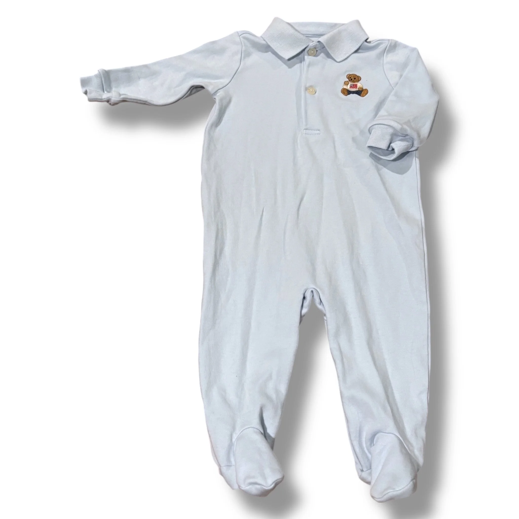 Size 6 month Ralph Lauren light blue footie suit w/ American flag bear