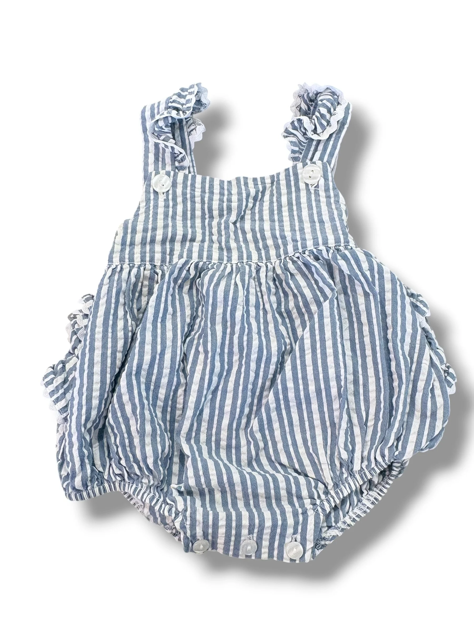 Size 9 month Petit Atelier blue/white striped bubble W/ ric-rac trimmed straps