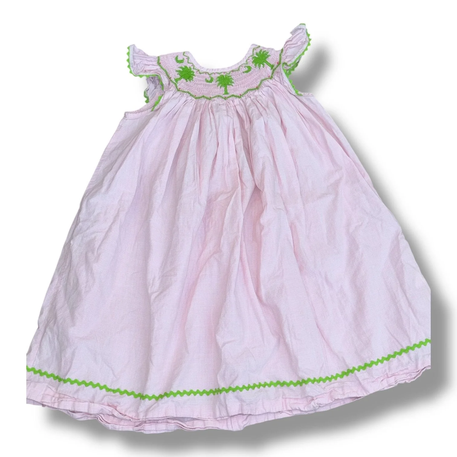 Size 4T Shrimp & Grits pink/white gingham bishop dress w/ smocked Palmetto trees