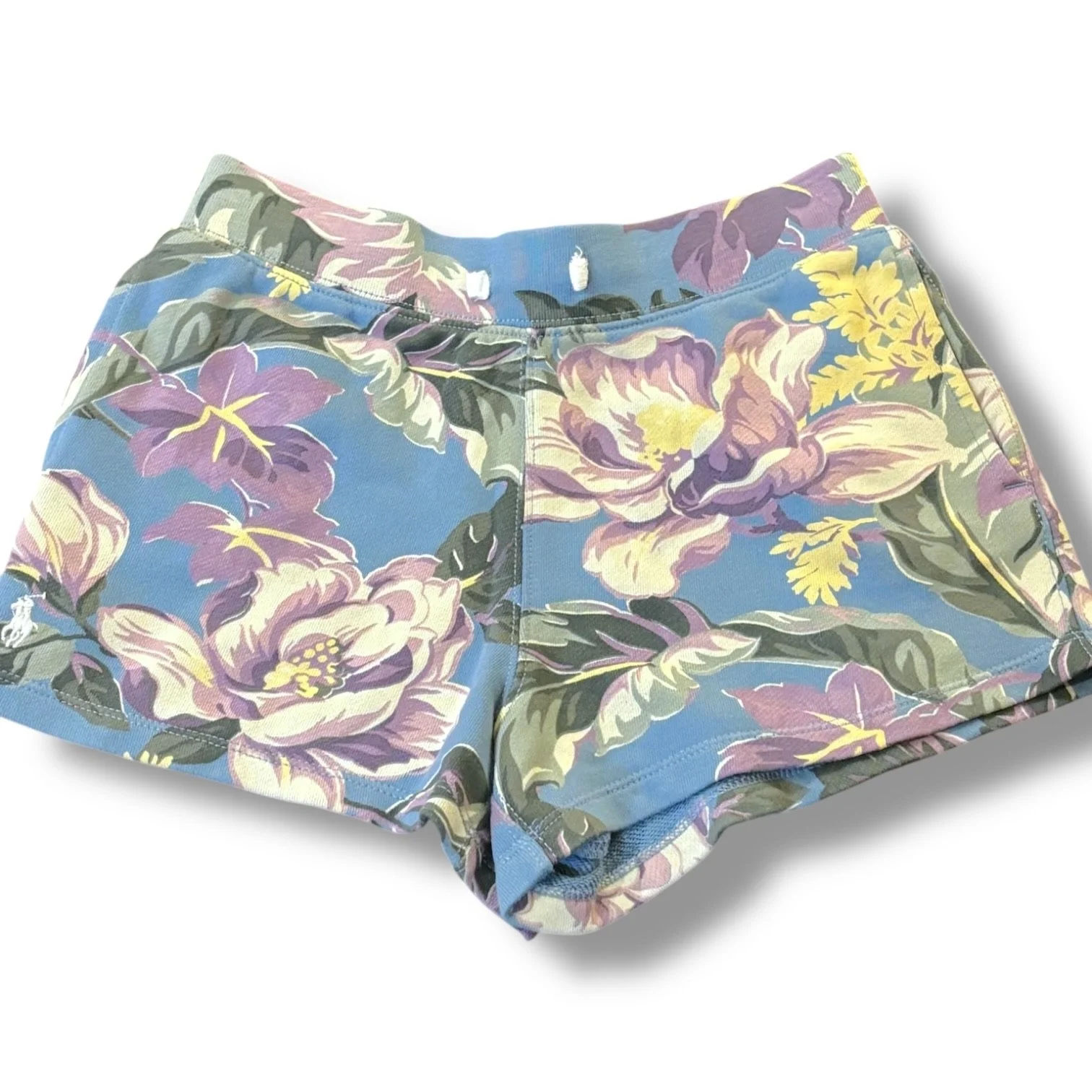 Size 8-10 Polo Ralph Lauren dusty blue sweatshorts w/ purple tropical flowers
