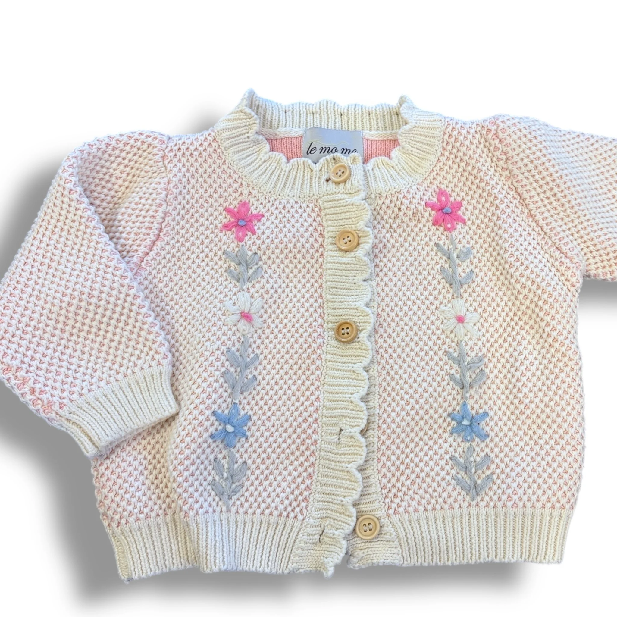 Size 12-18 Le mo mo cream sweater with pink/white/blue flowers