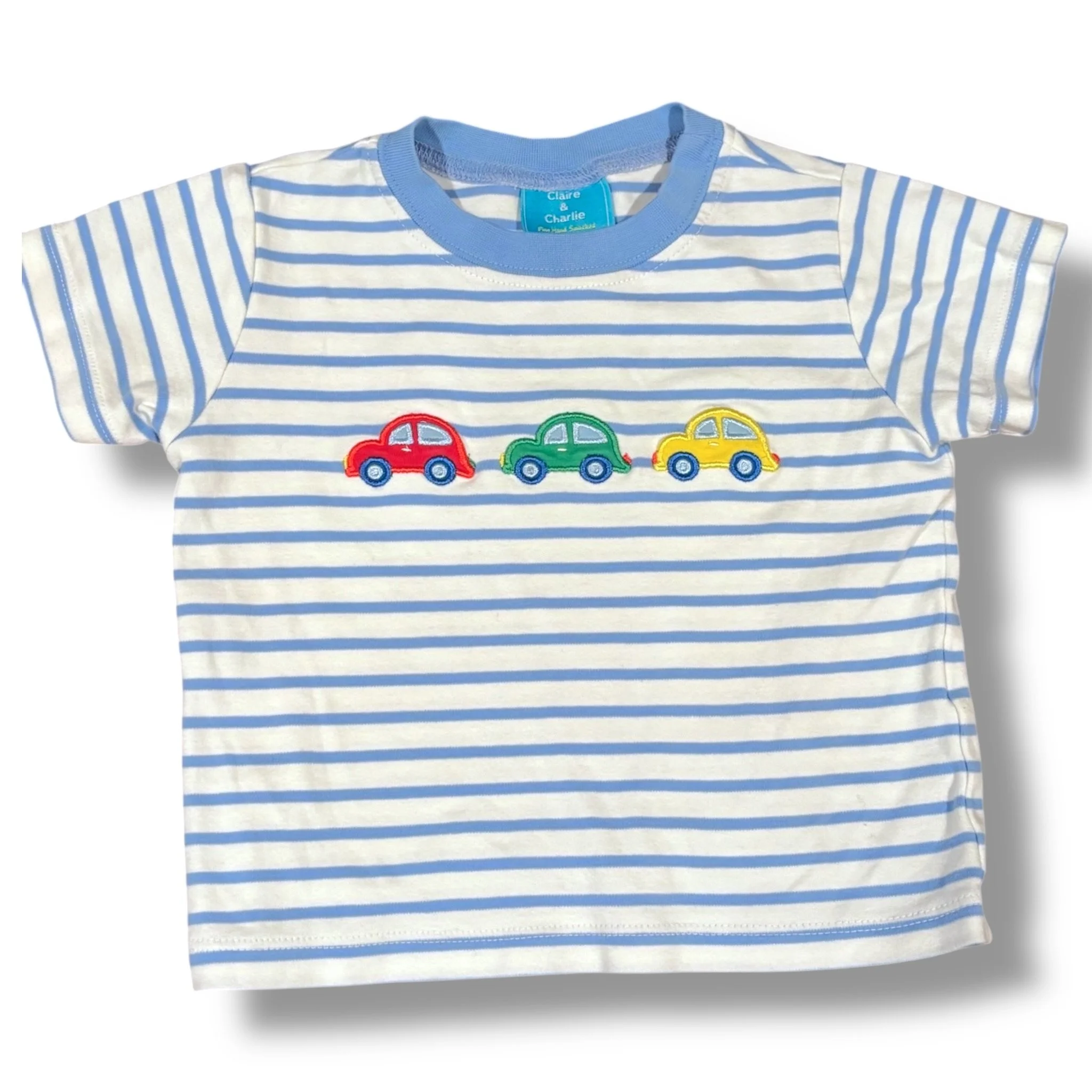 Size 2 Claire & Charlie light blue/white striped tee w/ three cars