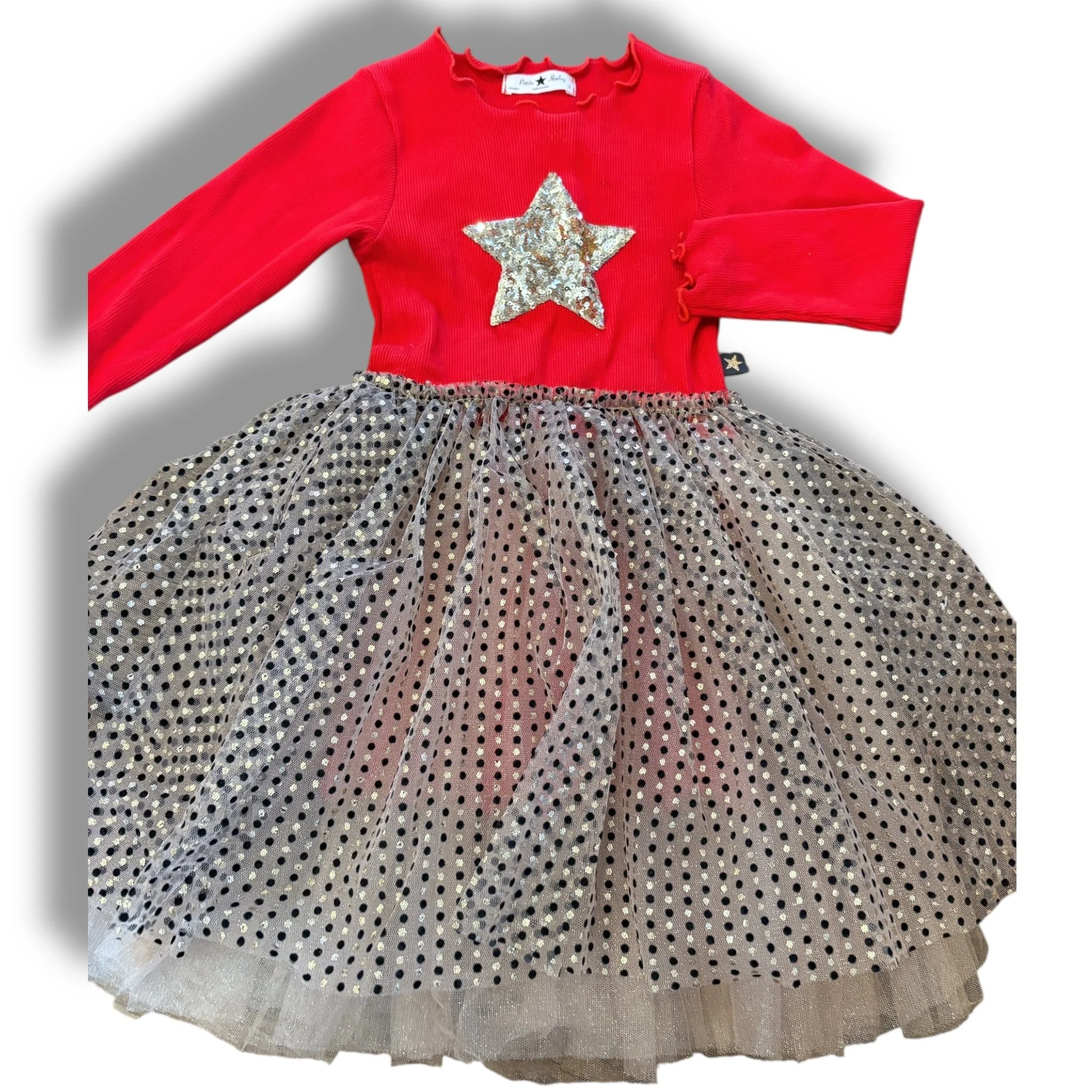 Size 2 Petite Hailey red top, tulle skirt dress with gold sparkles/star