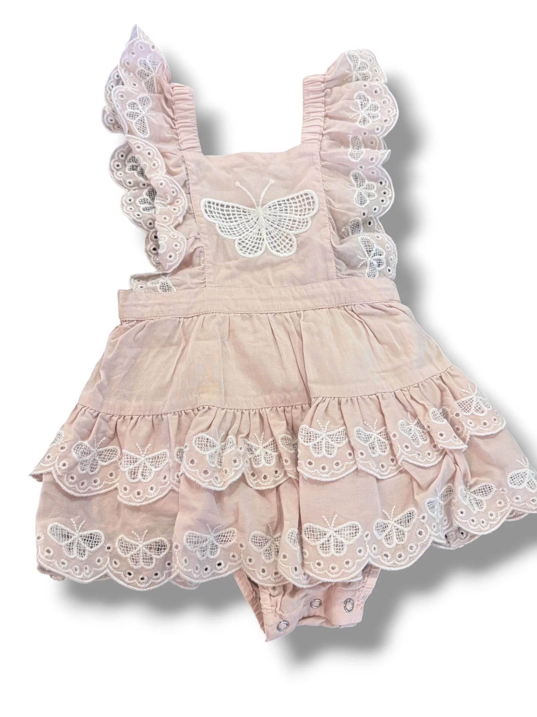 Size 3-6 month Tutu du Mundo pale pink bubble w/ tiered skirt, eyelet butterflies