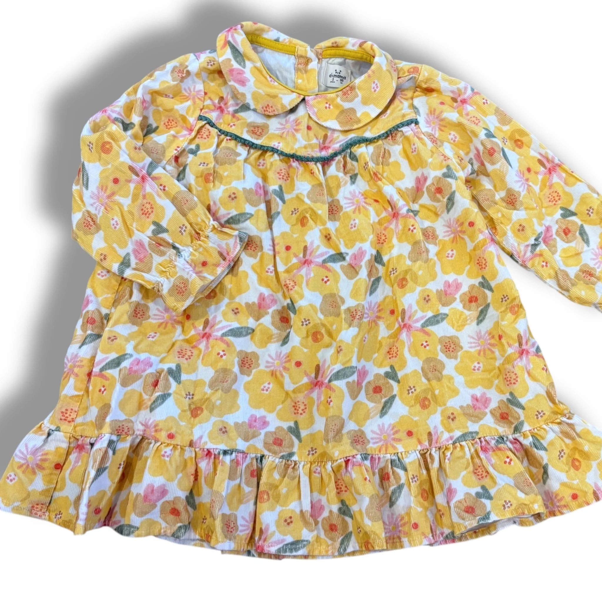 Size 2 Aimama yellow floral corduroy dress with sage trim